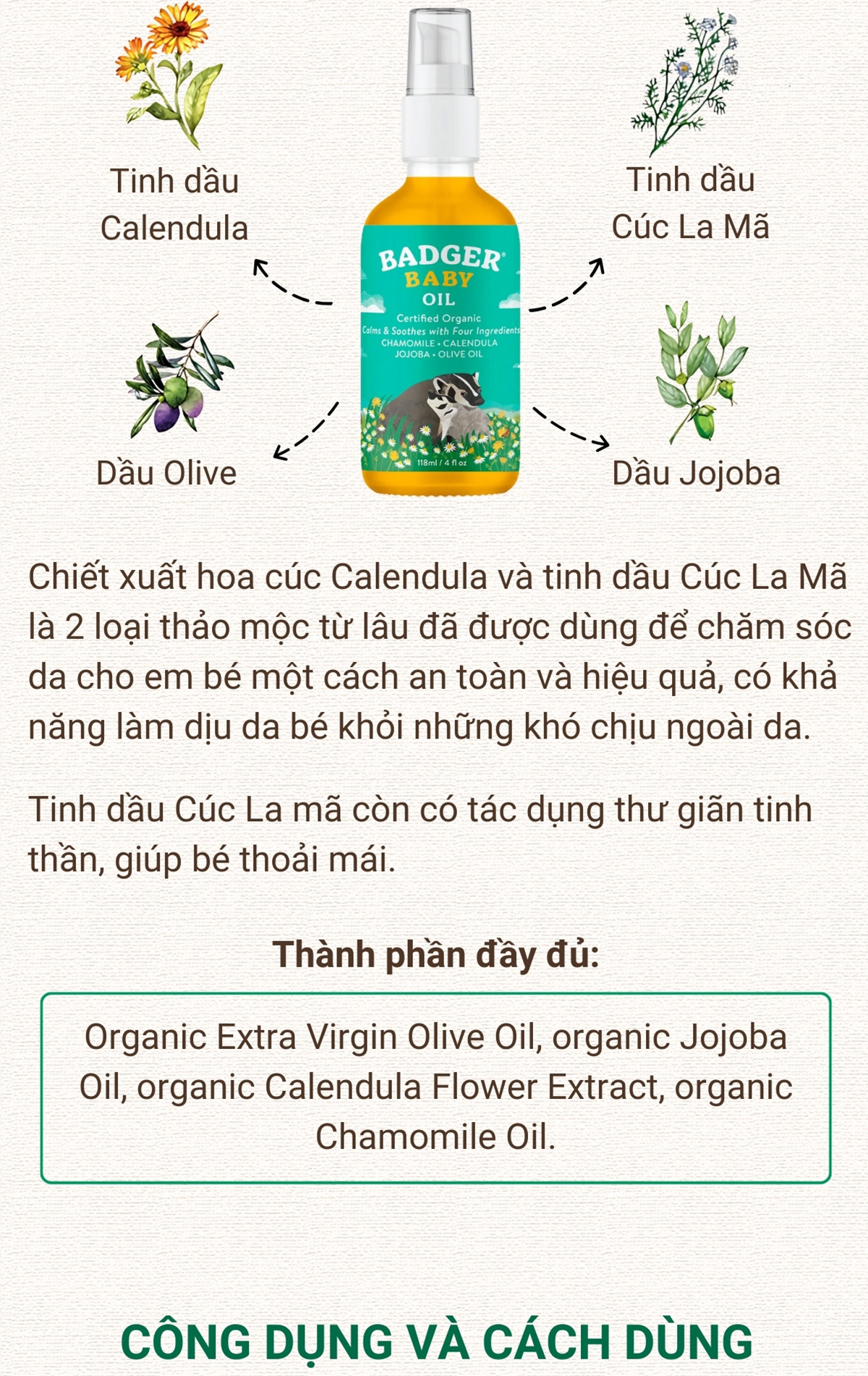 Mô tả Dầu hữu cơ dưỡng da, massage cho em bé Badger Organic Baby Oil - hạn chế khô da, giúp da ẩm mềm - 118ml - 2