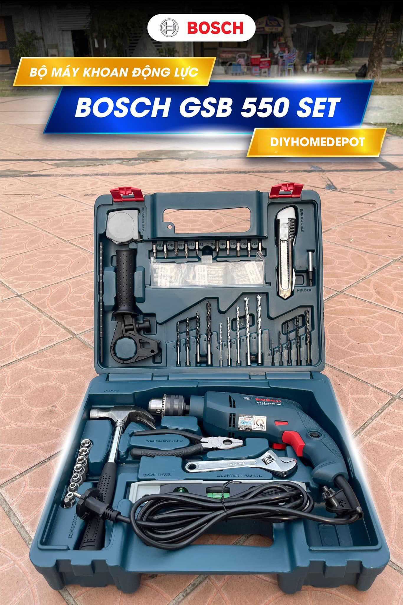 Mô tả Bộ máy khoan động lực Bosch GSB 550 SET 100 món 550W GWS 600 600W bảo hành 12 tháng - 1