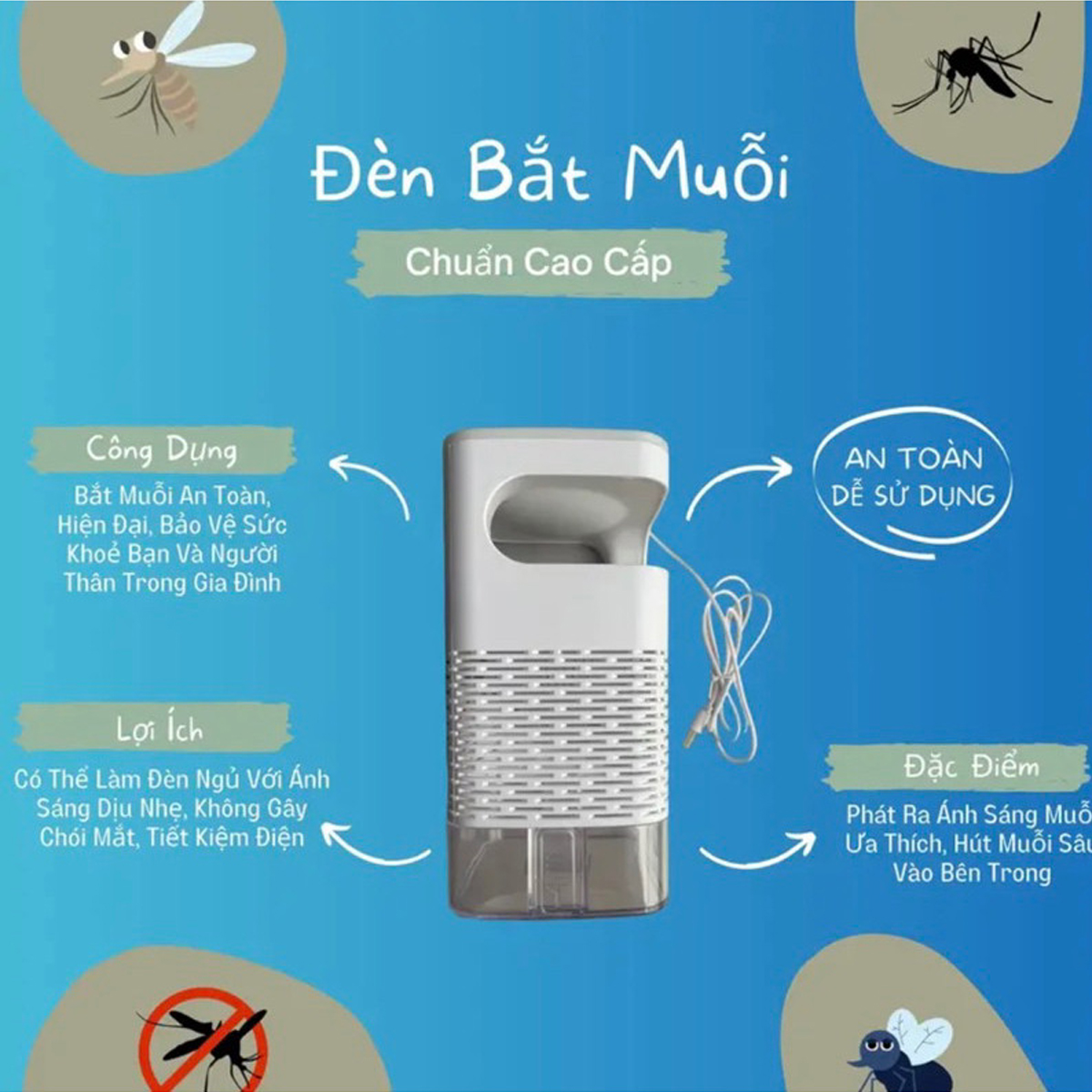 Mô tả Đèn Bắt Muỗi Tia UV Cao Cấp, Máy Bắt Muỗi Diệt Côn Trùng Thông Minh Có Quạt Hút Cổng USB Chính Hãng Amalife - Mã BM01 - 2