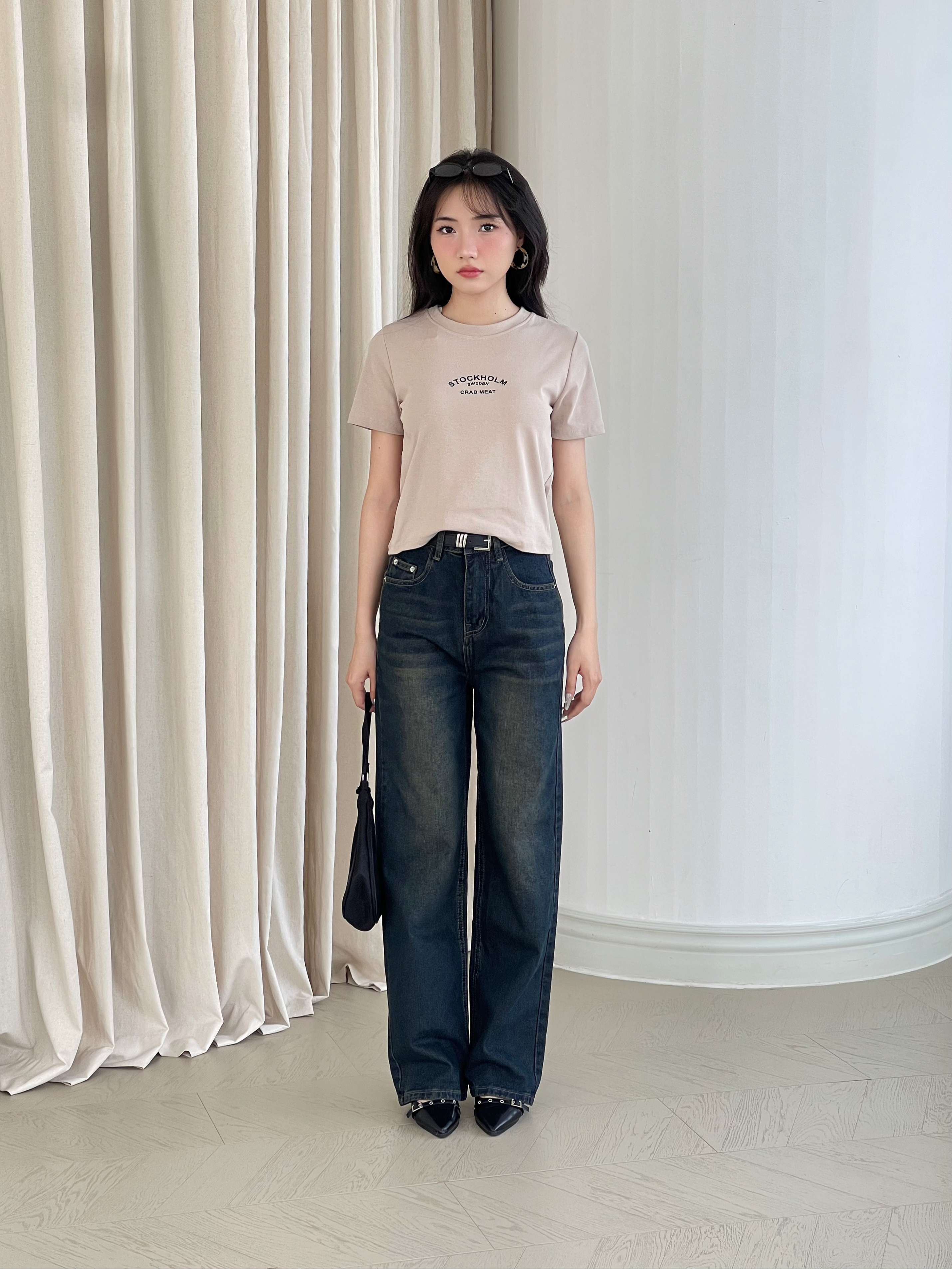 Mô tả Quần jean ống rộng denim nữ VMSTYLE cạp cao trơn túi sau rách kiểu basic đi học QJR00195 QJR00196 - 1