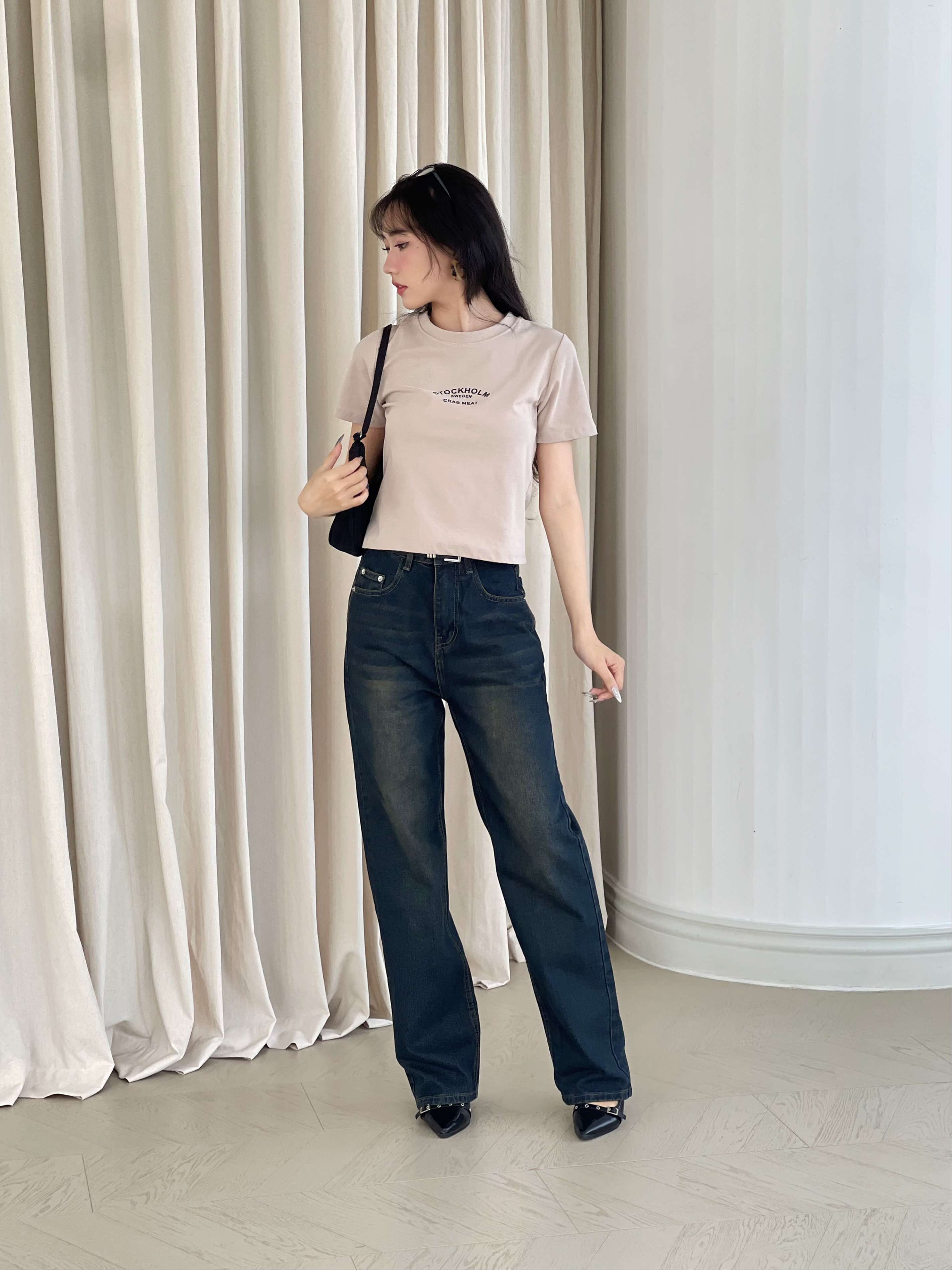 Mô tả Quần jean ống rộng denim nữ VMSTYLE cạp cao trơn túi sau rách kiểu basic đi học QJR00195 QJR00196 - 2