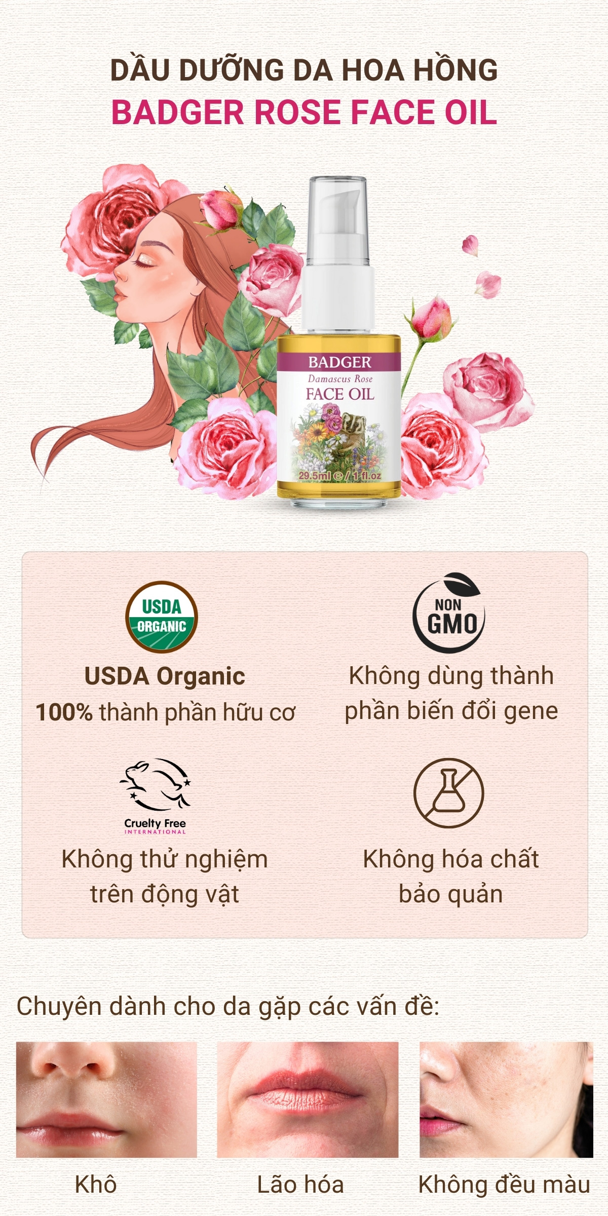 Mô tả Dầu dưỡng da hữu cơ hoa hồng BADGER Rose organic face oil serum chăm sóc cho da khô lão hóa nếp nhăn  - 29.5ML - 1