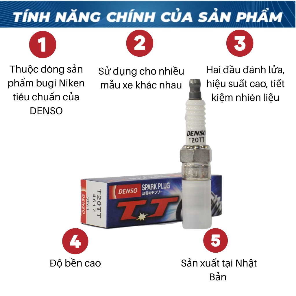 Bugi Ô Tô T20TT DENSO Tiêu Chuẩn, Điện Cực Niken, Hai Đầu Đánh Lửa ...