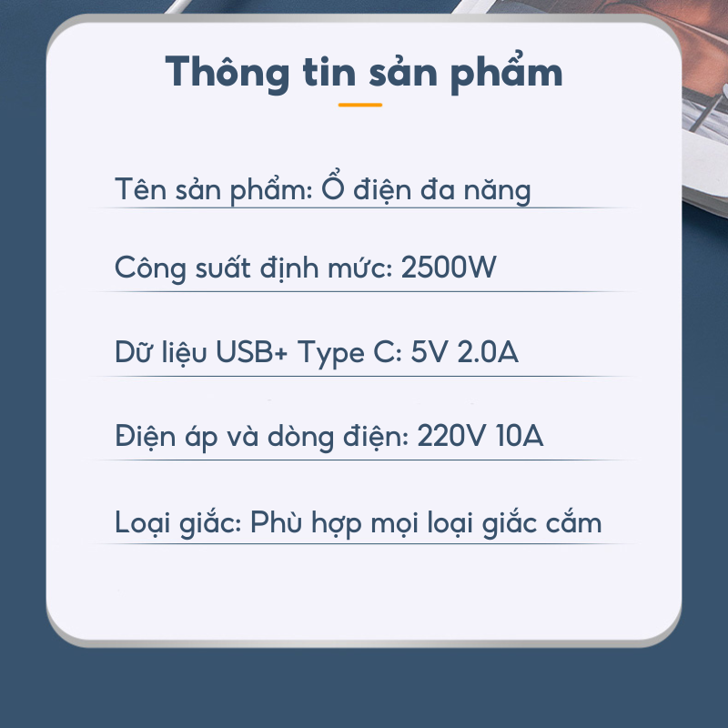 Mô tả Ổ cắm điện đa năng HOKU 2 cổng USB 5v sạc nhanh, chịu tải 2500W, tiết kiệm 30 kilowatt H dây nối 2,5m OCD01 - 4