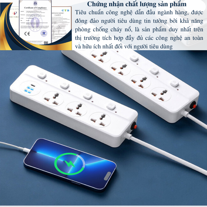 Mô tả Ổ cắm điện đa năng HOKU 2 cổng USB 5v sạc nhanh, chịu tải 2500W, tiết kiệm 30 kilowatt H dây nối 2,5m OCD01 - 5