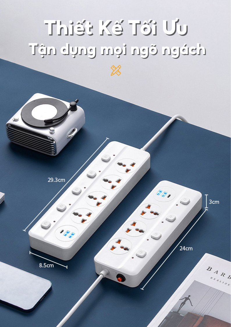 Mô tả Ổ cắm điện đa năng HOKU 2 cổng USB 5v sạc nhanh, chịu tải 2500W, tiết kiệm 30 kilowatt H dây nối 2,5m OCD01 - 7