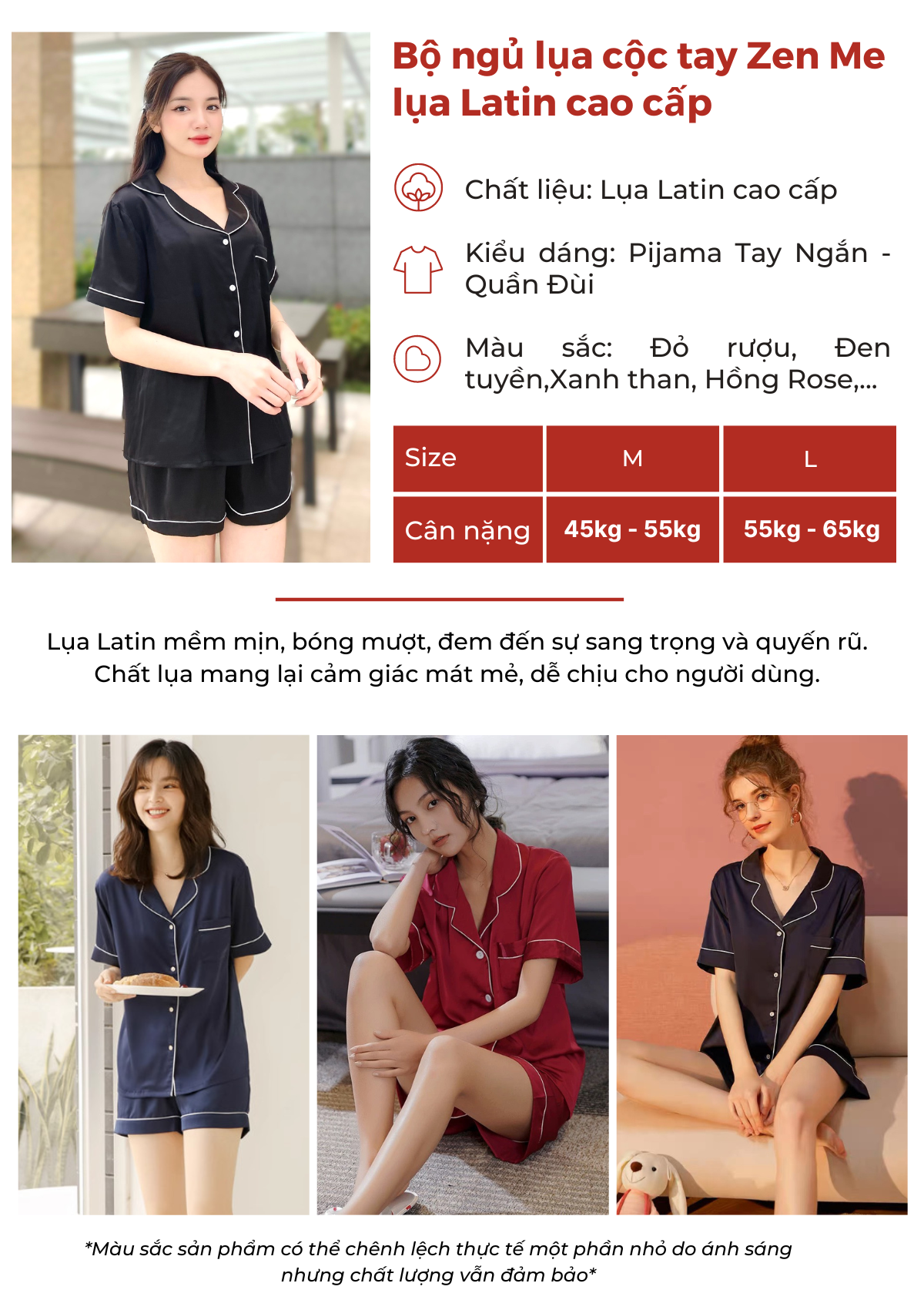 Mô tả Bộ đồ ngủ nữ Pijama lụa cộc đùi ZENME PJC0223 chất liệu cao cấp mặc nhà mát mẻ - 2