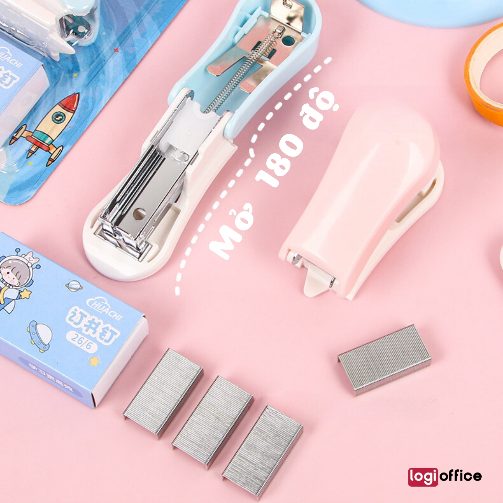 Dập ghim học sinh mini LOGi, ghim bấm giấy màu pastel, chắc chắn, tặng ...