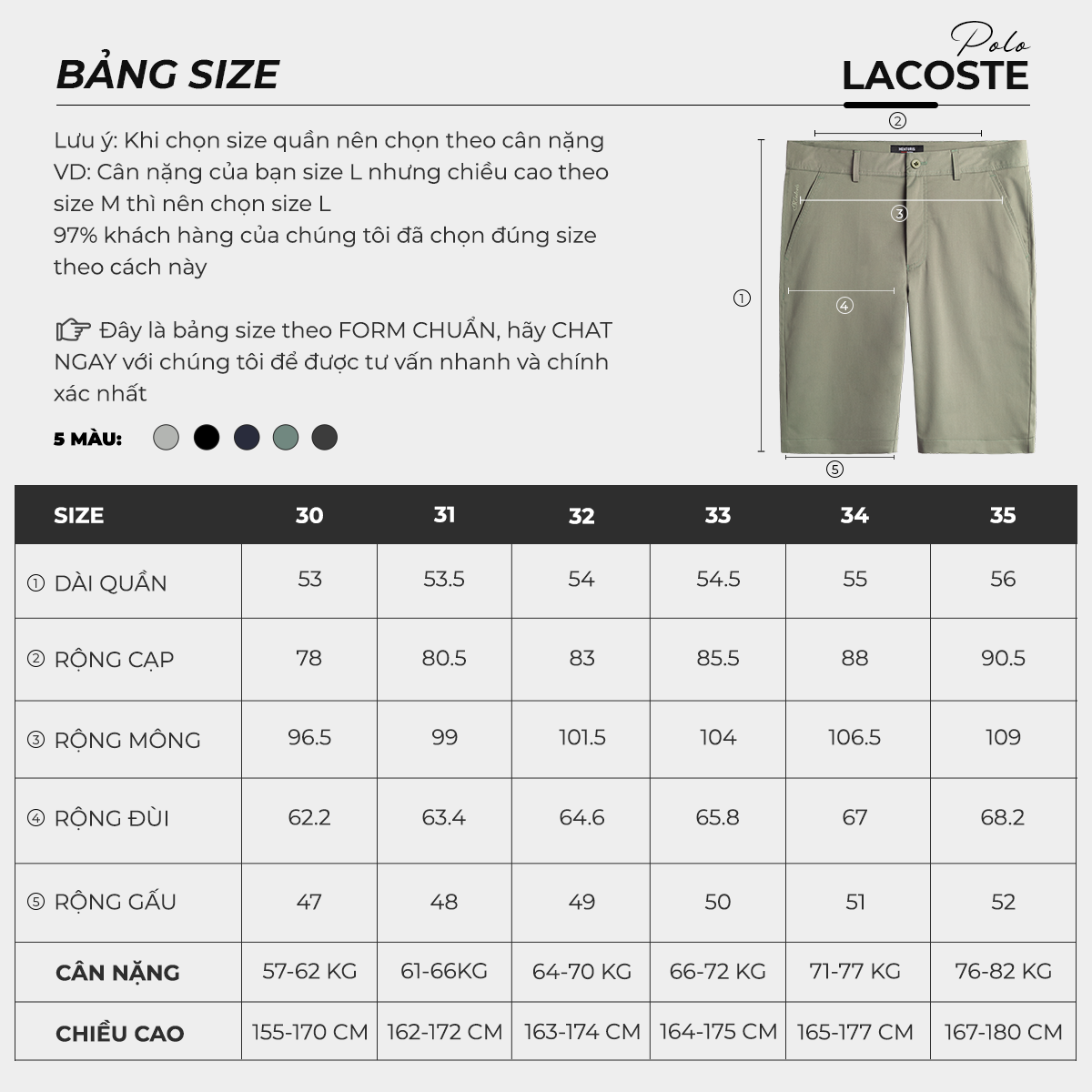Bảng size Quần Short Kaki Nam GUZADO MKS01