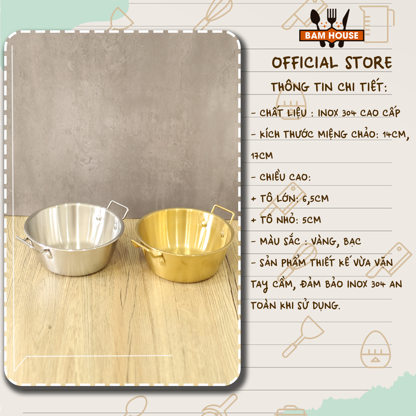Tô inox 304 Bam House 2 quai vàng bạc sáng bóng cao cấp TQVB06 | Shopee ...