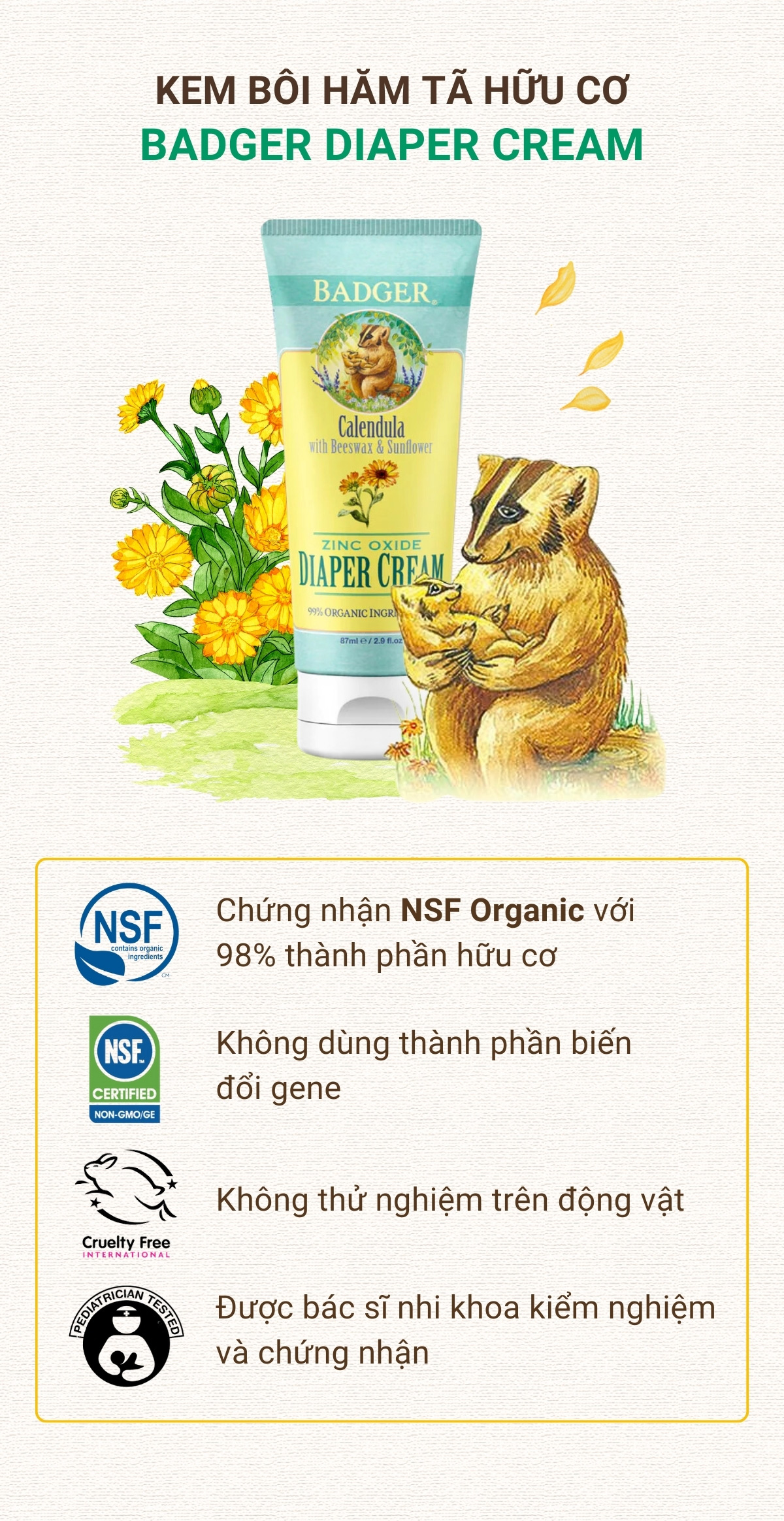 Mô tả Kem chống hăm tã cho bé BADGER Diaper Cream thành phần hữu cơ và khoáng chất an toàn cho mông trẻ sơ sinh 87mL - 1