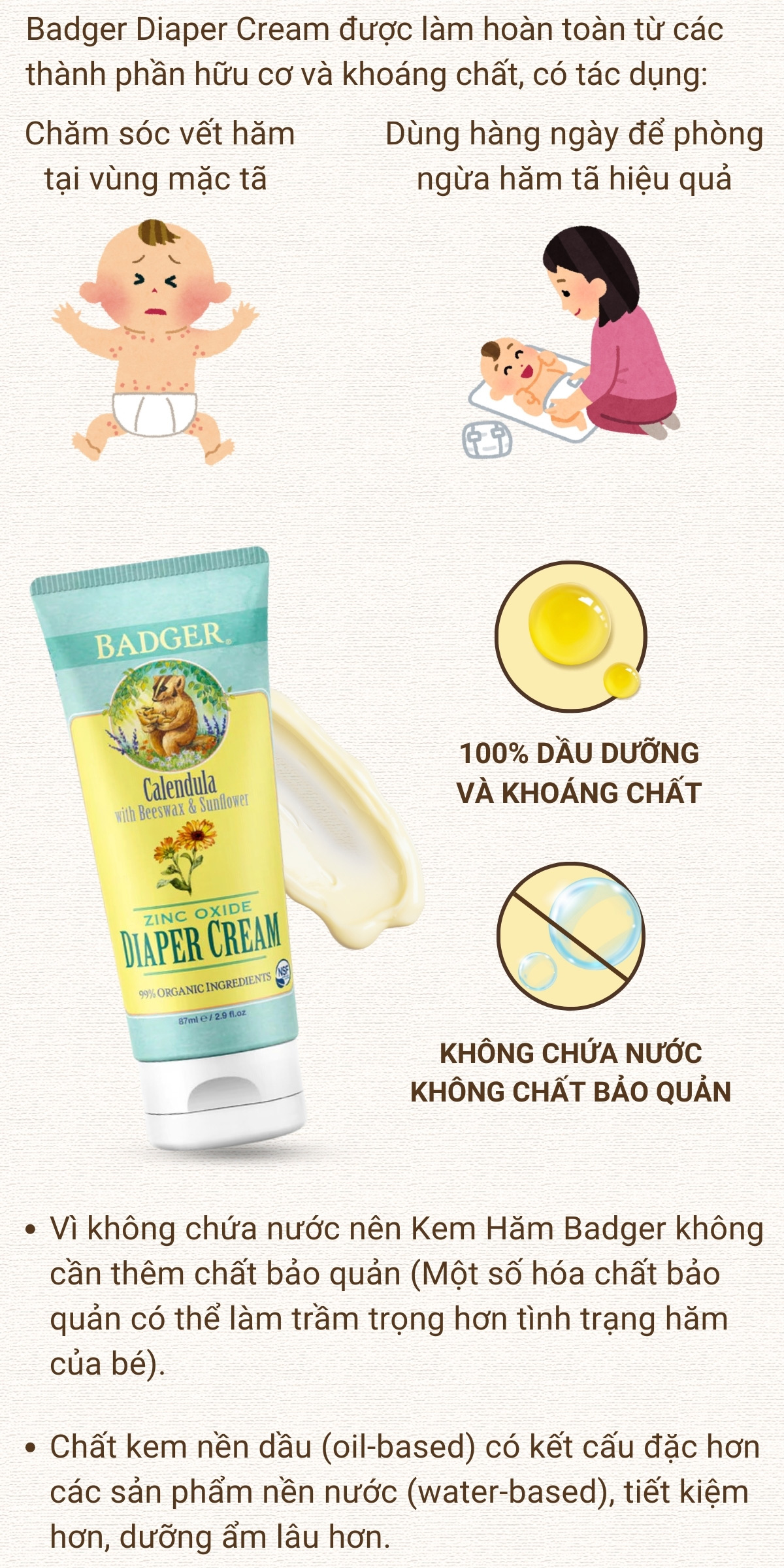 Mô tả Kem chống hăm tã cho bé BADGER Diaper Cream thành phần hữu cơ và khoáng chất an toàn cho mông trẻ sơ sinh 87mL - 2