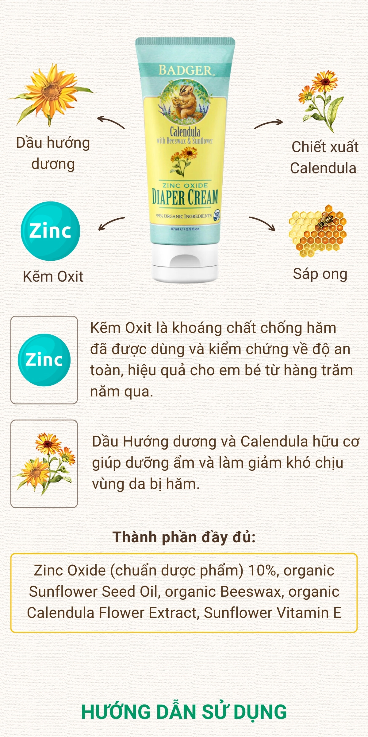 Mô tả Kem chống hăm tã cho bé BADGER Diaper Cream thành phần hữu cơ và khoáng chất an toàn cho mông trẻ sơ sinh 87mL - 3