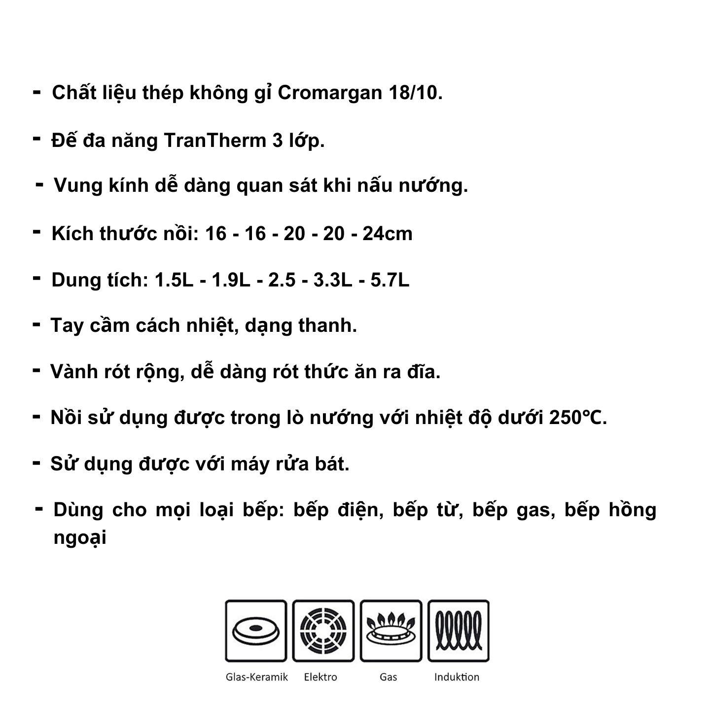 Mô tả Bộ Nồi WMF INSPIRATION 5 Món, Đáy Từ 3 lớp, Chất Liệu Thép Cromargan Size 24,20, 20,16,16cm - 3