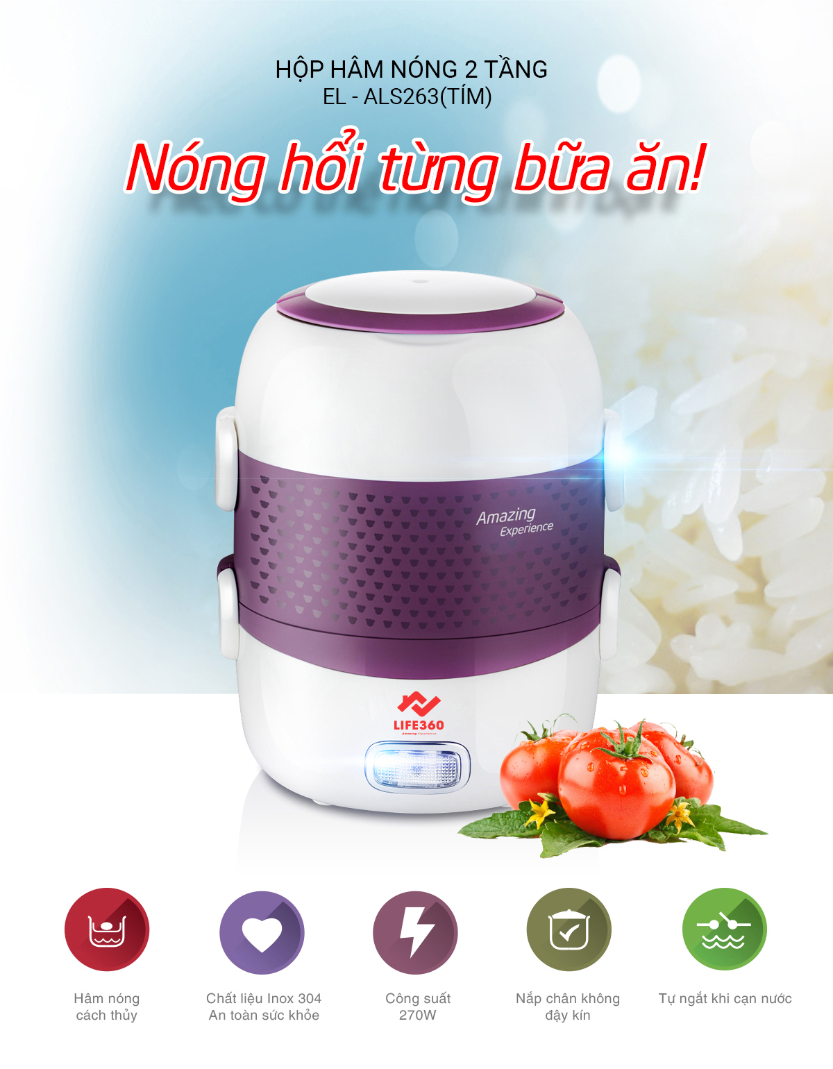 Mô tả Hộp Cơm Cắm Điện, Hộp Cơm Hâm Nóng 2 Tầng Life360 EL-ALS263 (Tím), Nấu Chín, Hâm Nóng Thức Ăn - 2