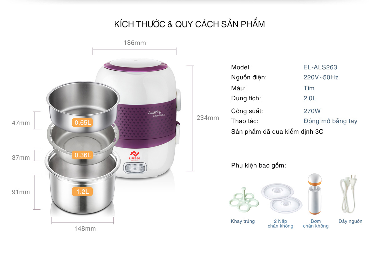 Mô tả Hộp Cơm Cắm Điện, Hộp Cơm Hâm Nóng 2 Tầng Life360 EL-ALS263 (Tím), Nấu Chín, Hâm Nóng Thức Ăn - 7