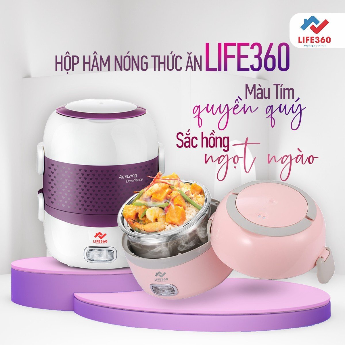 Mô tả Hộp Cơm Cắm Điện, Hộp Cơm Hâm Nóng 2 Tầng Life360 EL-ALS263 (Tím), Nấu Chín, Hâm Nóng Thức Ăn - 1