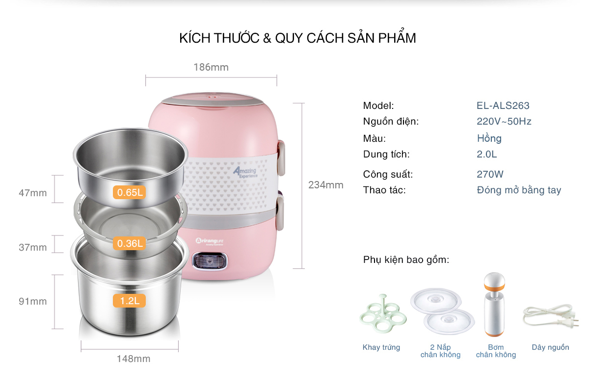 Mô tả Hộp Cơm Hâm Nóng 2 Tầng ArirangLife EL-ALS263, Nấu Chín Và Hâm Nóng Thức Ăn, Bảo Hành 1 Năm - 9