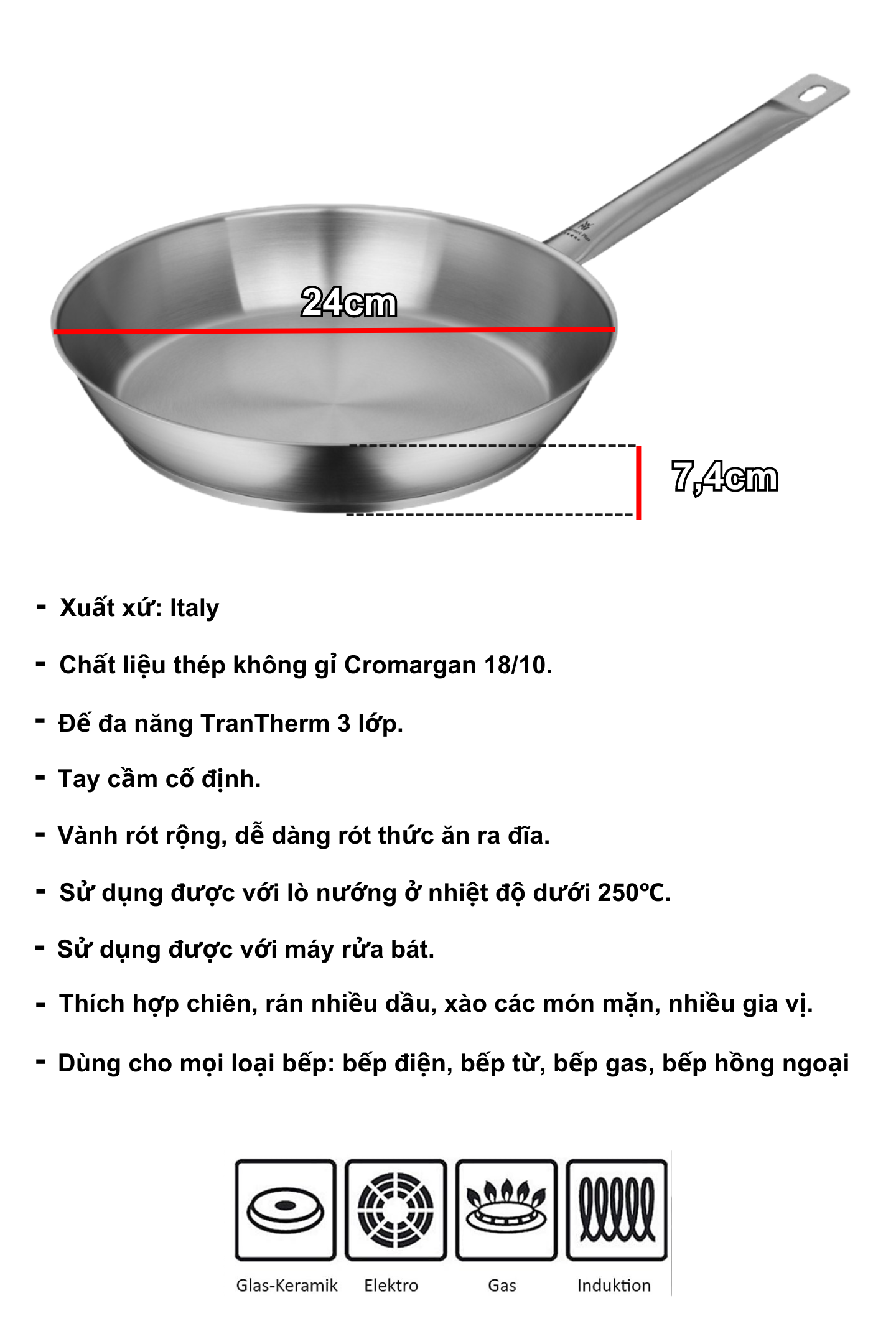 Mô tả Chảo Thép WMF GOURMET PLUS Size 24, 28CM, Chất Liệu Thép Không Gỉ, Dùng Được Cho Bếp Từ, Nhập Khẩu Ý - 2