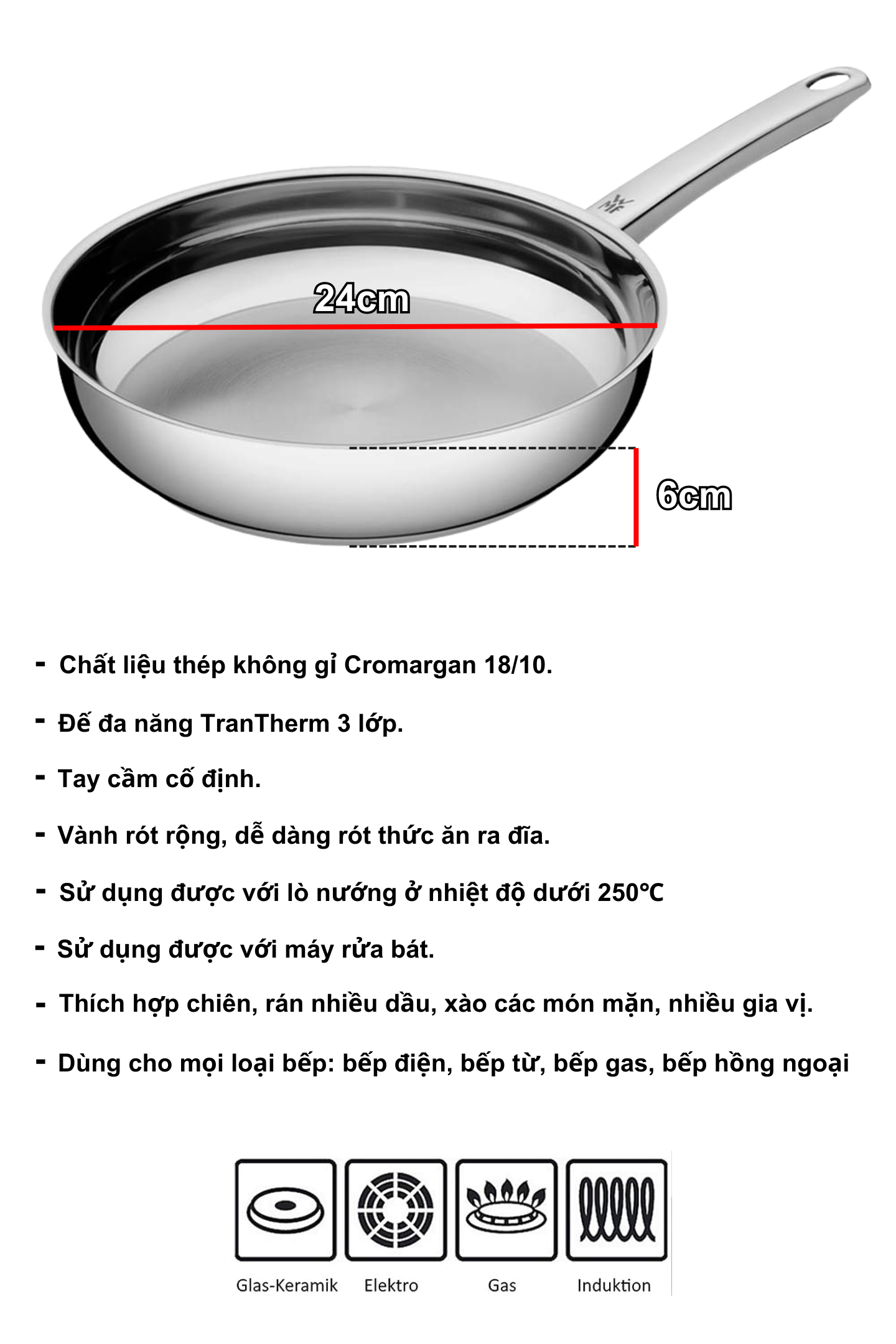 Mô tả Chảo thép WMF Profi size 20, 24, 28cm + Phới silicone WMF - 2