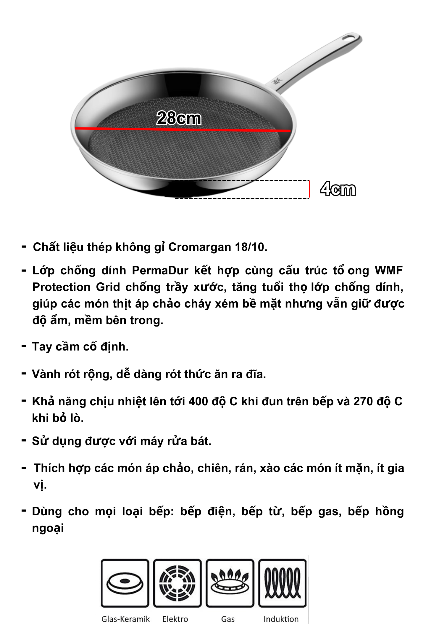Mô tả Chảo WMF Profi Resist Hex 28cm Vân Tổ Ong, Làm Bằng Thép Không Gỉ, Đáy Liền, Phù Hợp Mọi Loại Bếp - 2