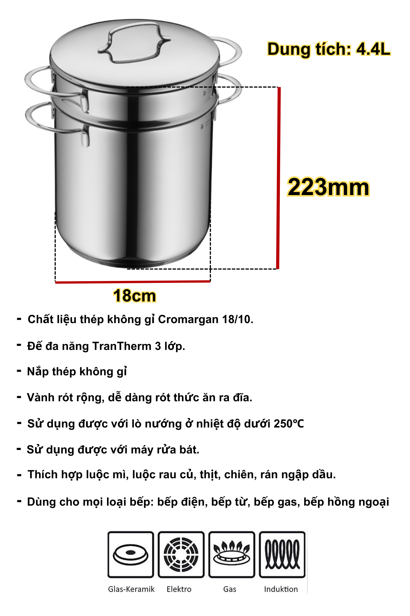 Mô tả Nồi luộc mì WMF Sortiment 18cm, Có Thể Dùng Chiên Ngập Dầu, Đáy Từ 3 Lớp, Sử Dụng Cho Mọi Loại Bếp - 2