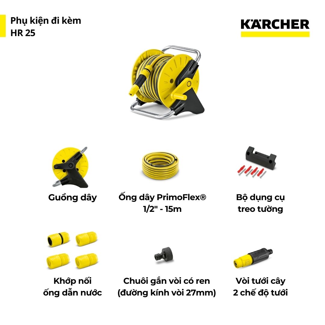 Mô tả Guồng dây Karcher 15 mét hay còn gọi là dây cấp nước HR 25 - 2
