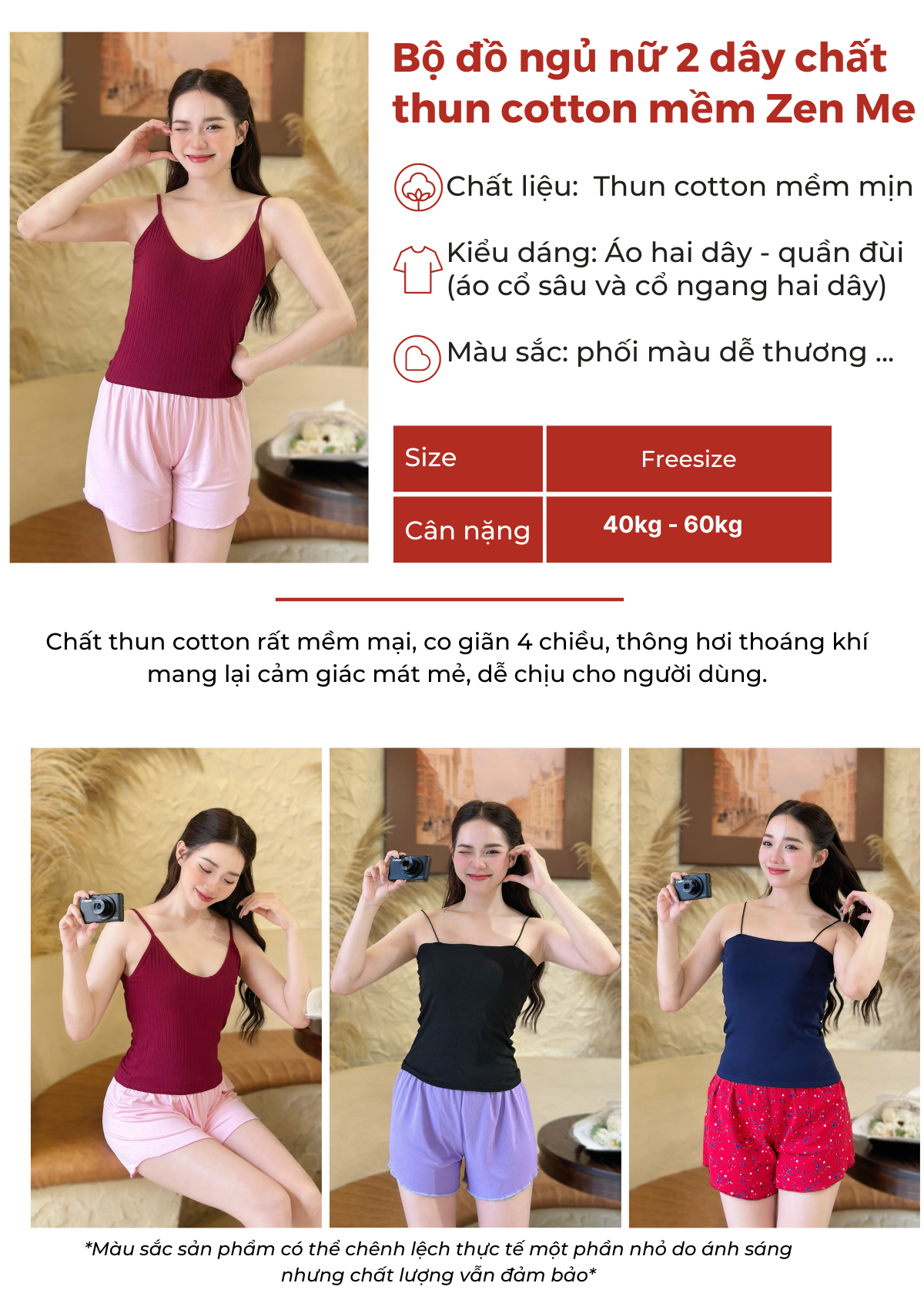 Mô tả Bộ đồ ngủ mặc nhà nữ mùa hè 2 dây chất thun Cotton co giãn BT0324, Zen Me Women's World - 1