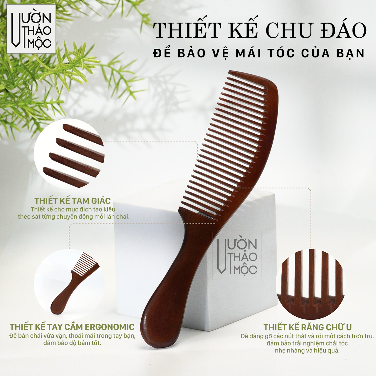 Mô tả Lược gỗ chải tóc Vườn Thảo Mộc chống tĩnh điện gỡ rối tóc chất liệu gỗ cao cấp - 2