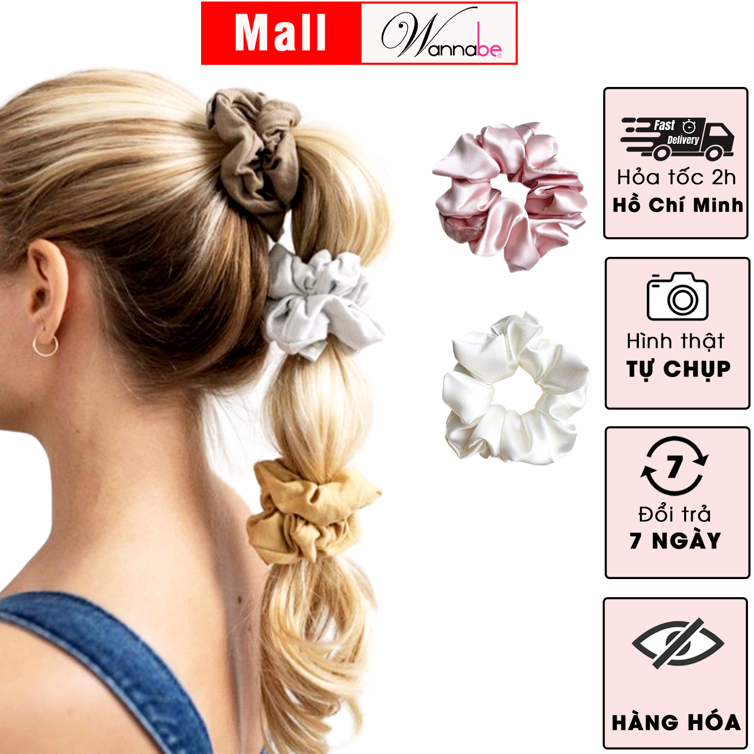 Mô tả Dây buộc tóc lụa WANNABE cột tóc satin scrunchies thời trang làm đẹp tóc siêu xinh cho chị em KT002 - 2
