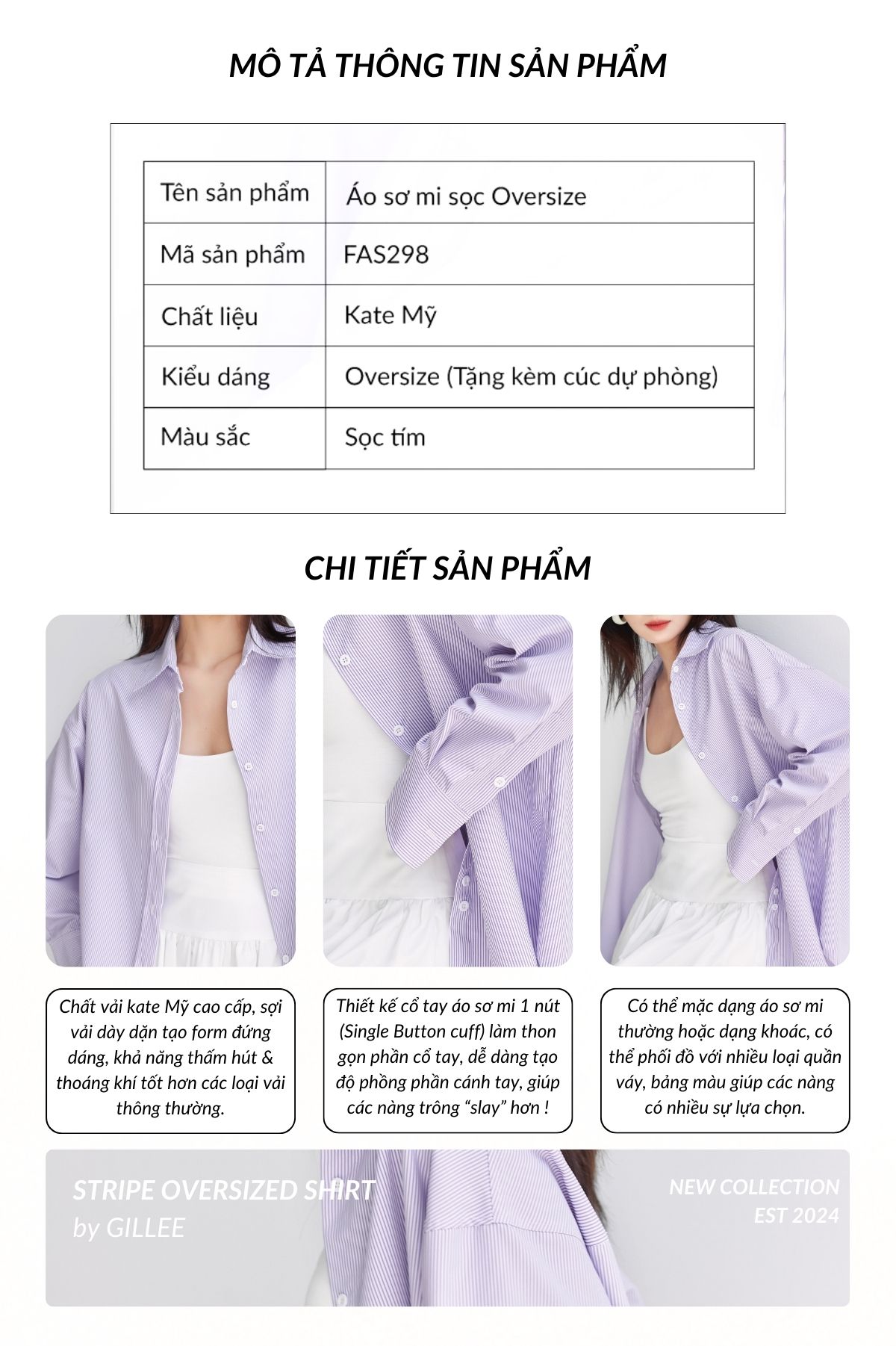 Áo sơ mi kẻ sọc nữ GILLEE FAS298
