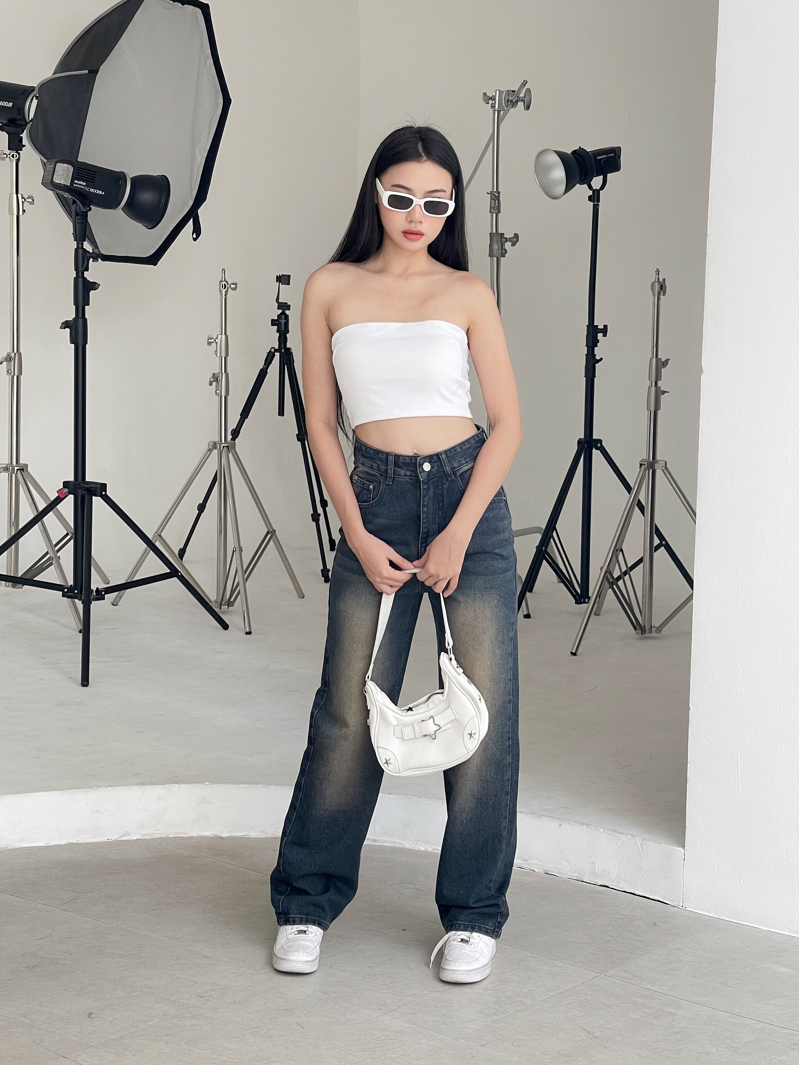 Mô tả Quần jean ống rộng denim nữ VMSTYLE cạp cao trơn lai thường wash màu cao cấp basic đi học QJR00196 - 2