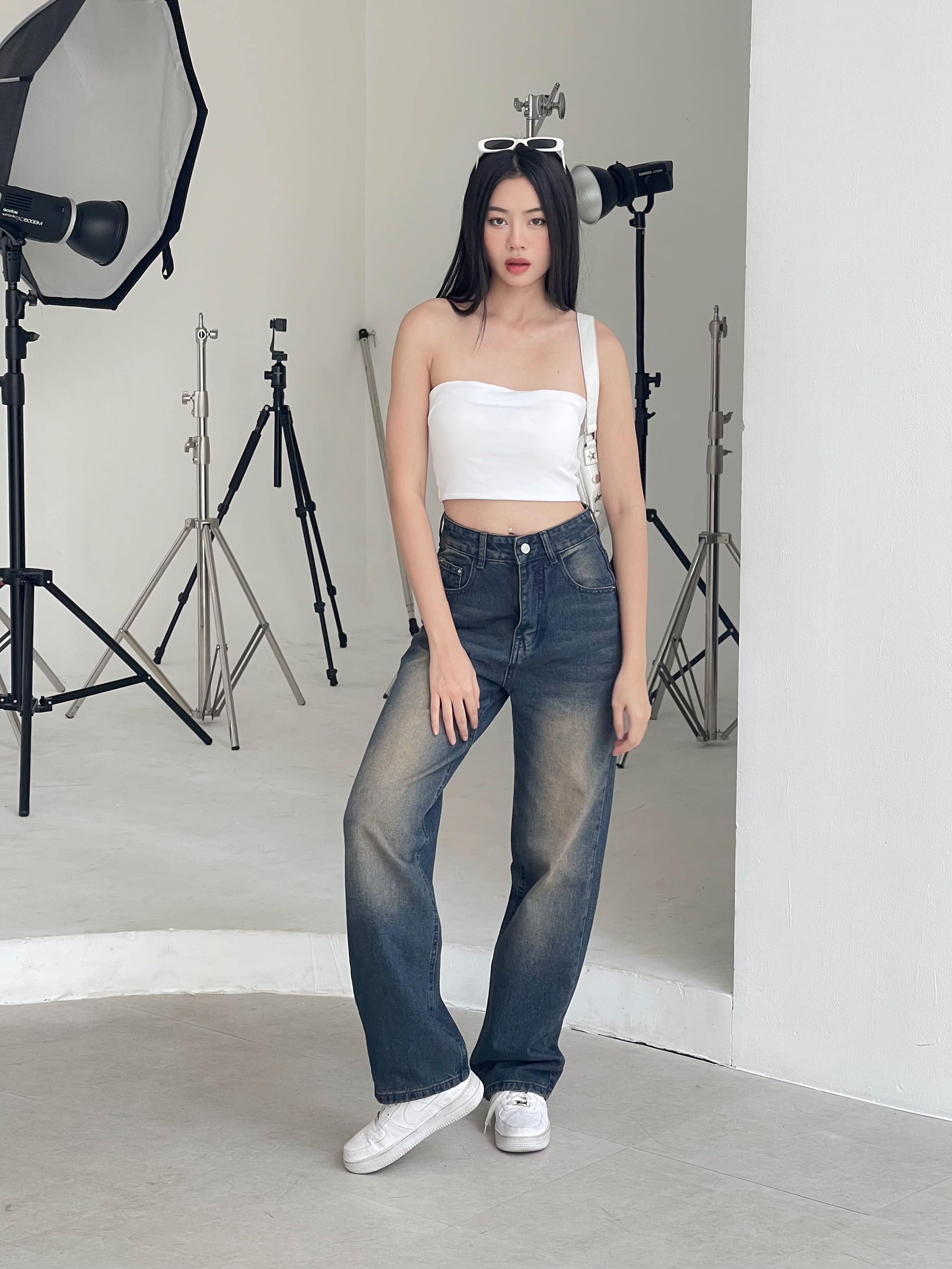 Mô tả Quần jean ống rộng denim nữ VMSTYLE cạp cao trơn lai thường wash màu cao cấp basic đi học QJR00196 - 6