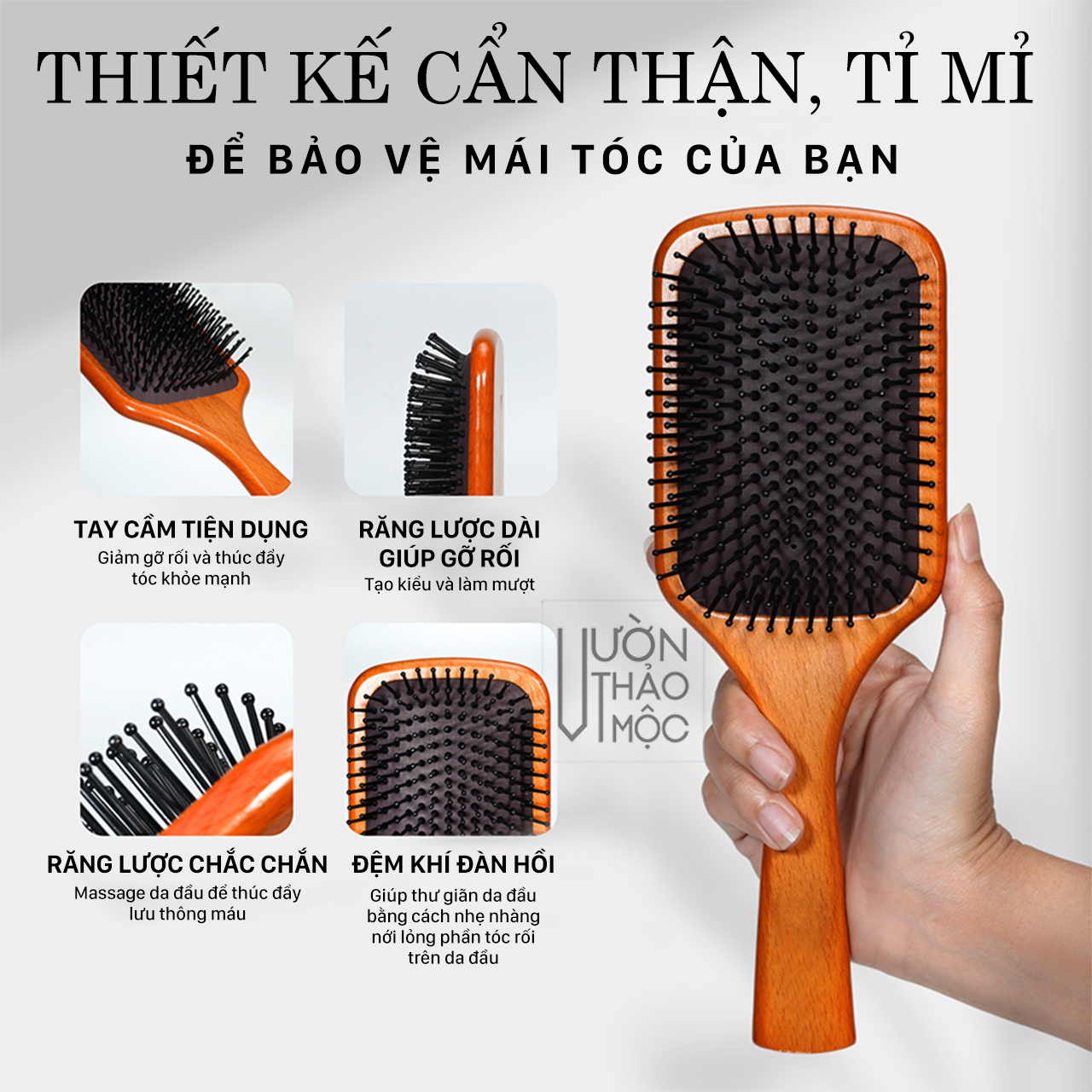 Mô tả Lược gỗ chải tóc gỡ rối chất liệu sồi cao cấp VƯỜN THẢO MỘC massage da đầu chống rụng kích thích mọc tóc thư giãn - 2