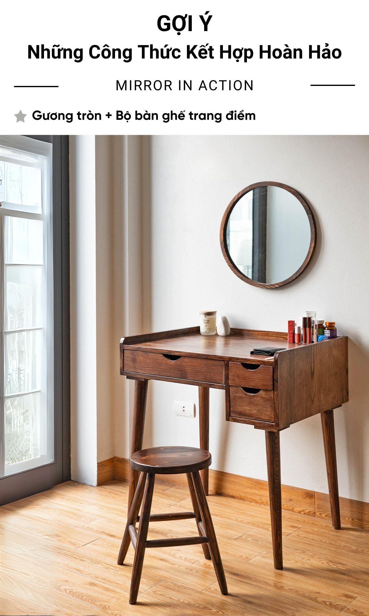Mô tả Gương tròn viền gỗ tự nhiên FEGO cho bàn trang điểm, nhà tắm, decor quán cafe - 6