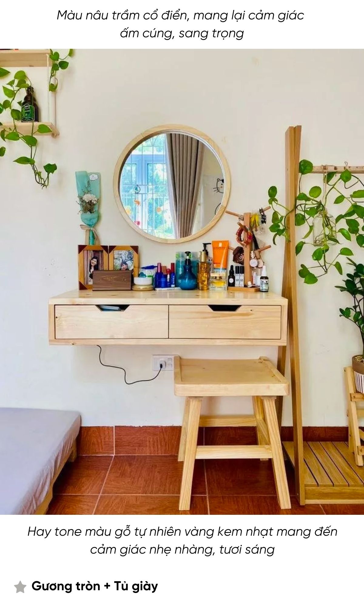 Mô tả Gương tròn viền gỗ tự nhiên FEGO cho bàn trang điểm, nhà tắm, decor quán cafe - 7