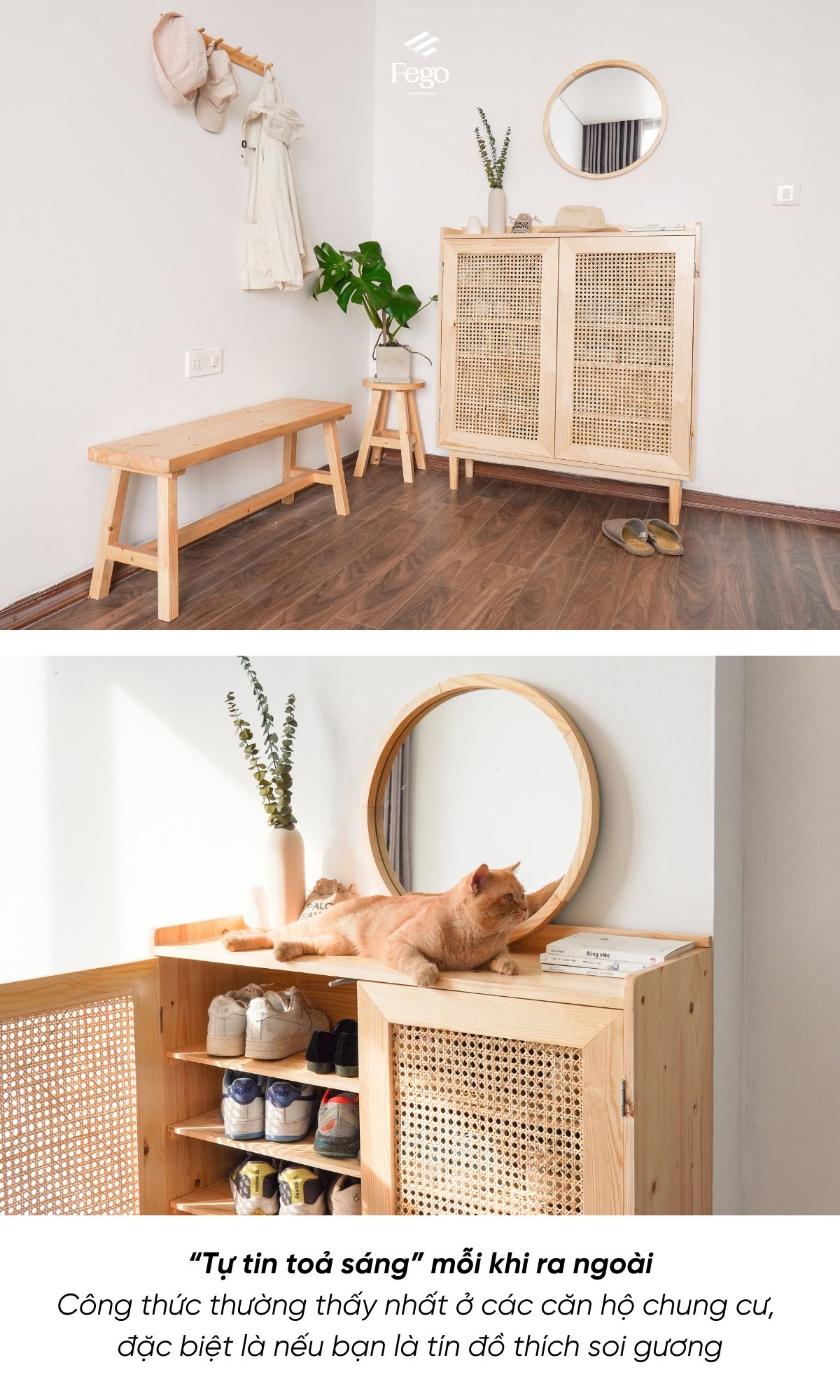 Mô tả Gương tròn viền gỗ tự nhiên FEGO cho bàn trang điểm, nhà tắm, decor quán cafe - 8