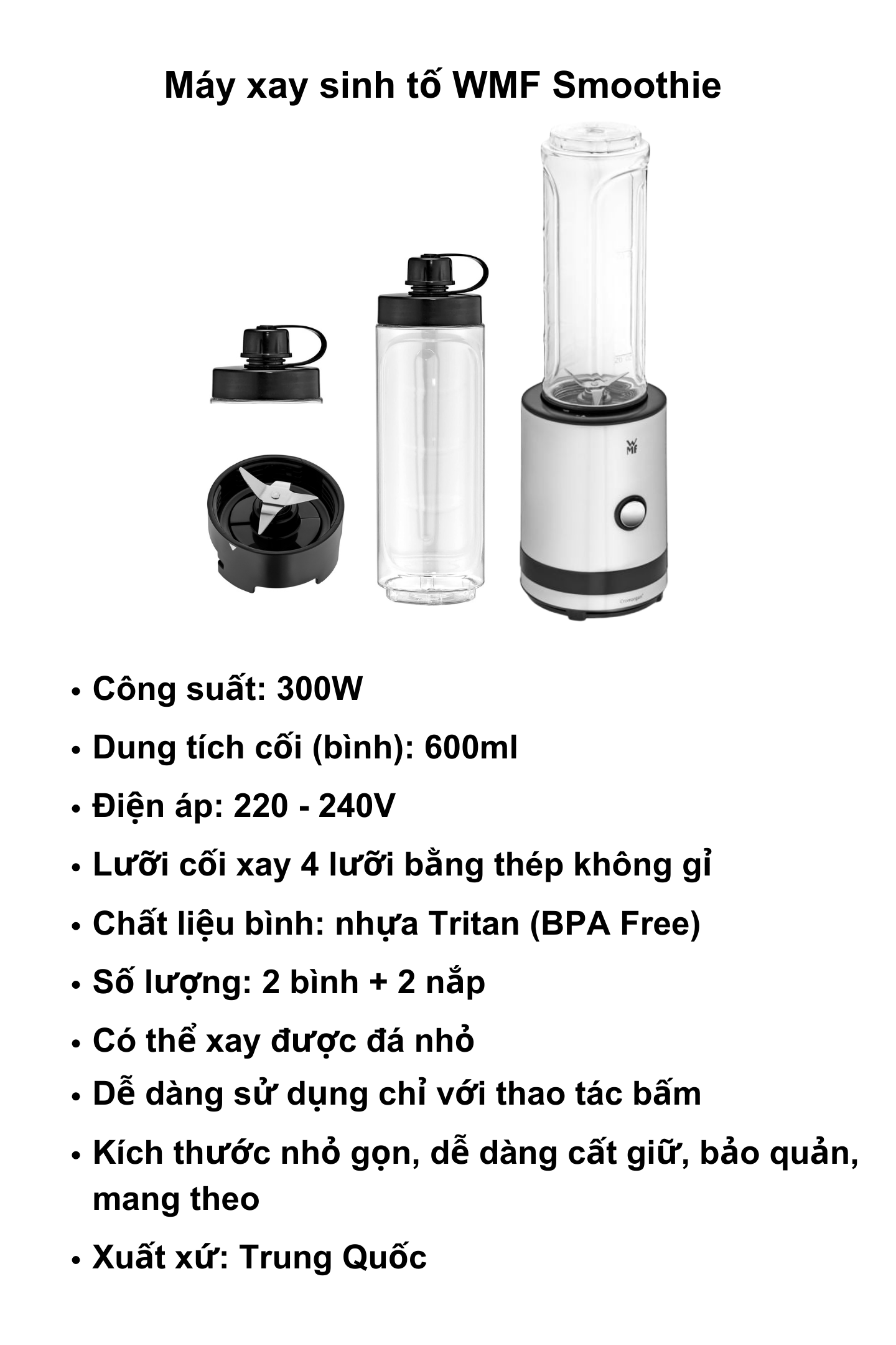 Mô tả Máy xay sinh tố mini WMF SMOOTHIE TO GO, Công Suất 300W, Có Thể Xay Được Đá Nhỏ, Bảo Hành 12 Tháng - 2