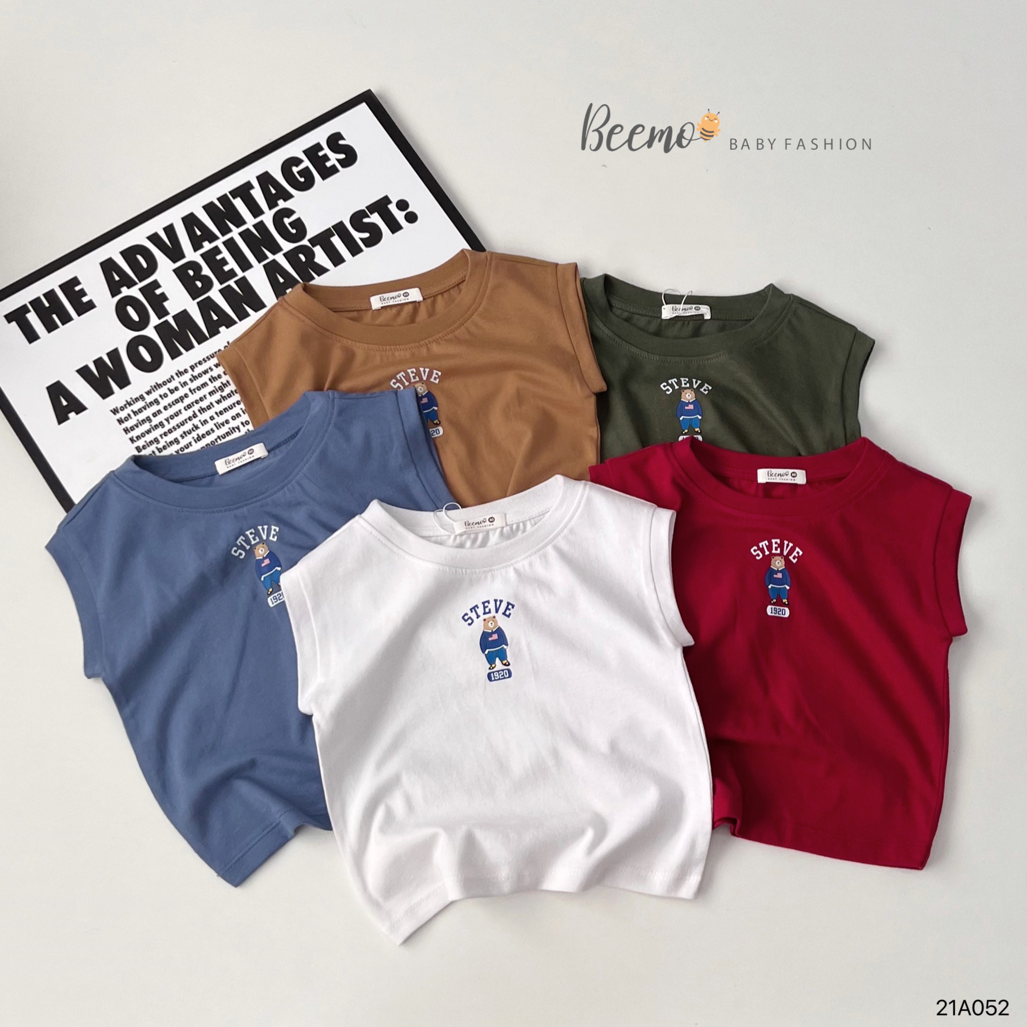 Mô tả Áo ba lỗ cho bé Trai Gái Beemo Chất liệu cotton mềm min, họa tiết gấu Steve, 4 màu cực xinh B078 - 1