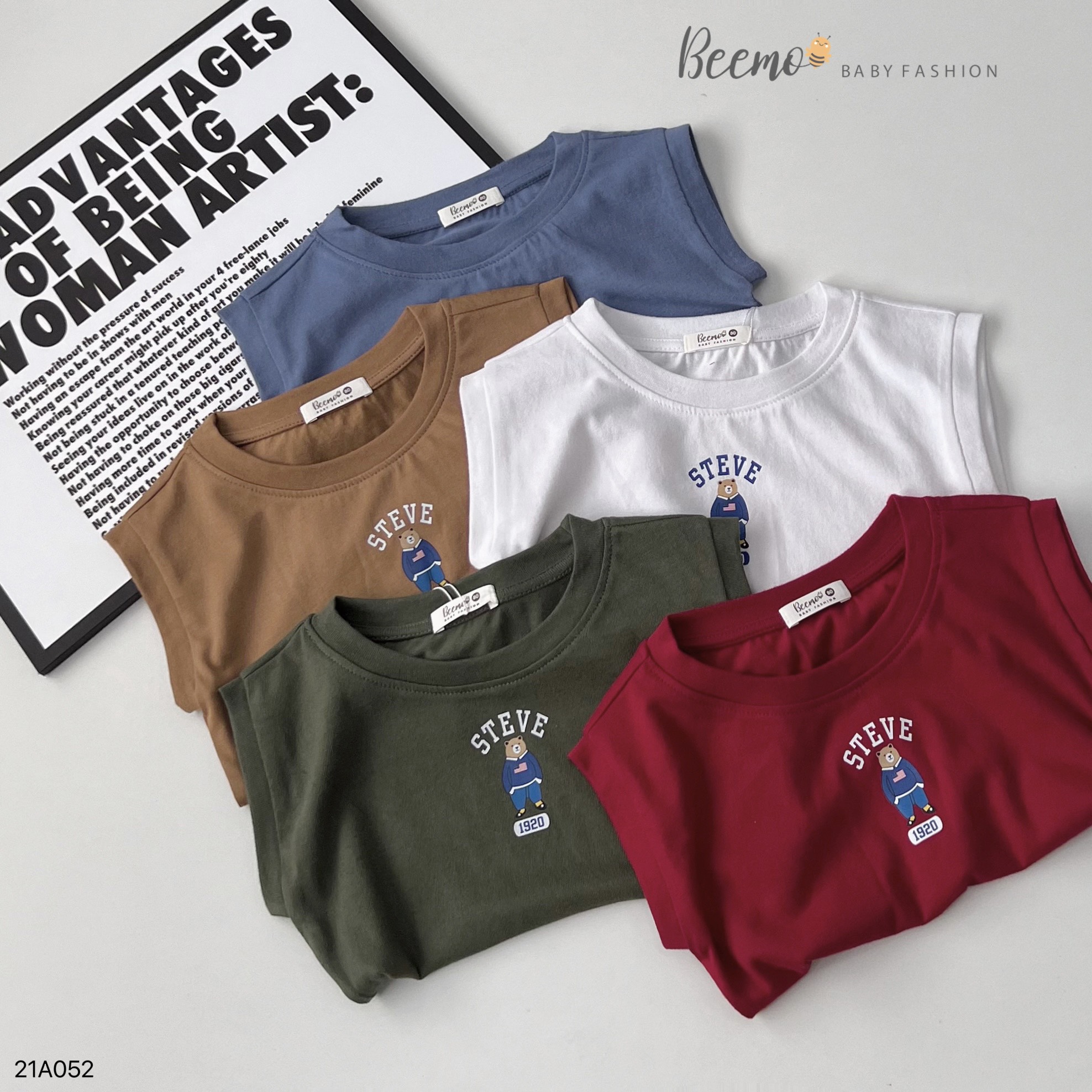 Mô tả Áo ba lỗ cho bé Trai Gái Beemo Chất liệu cotton mềm min, họa tiết gấu Steve, 4 màu cực xinh B078 - 2