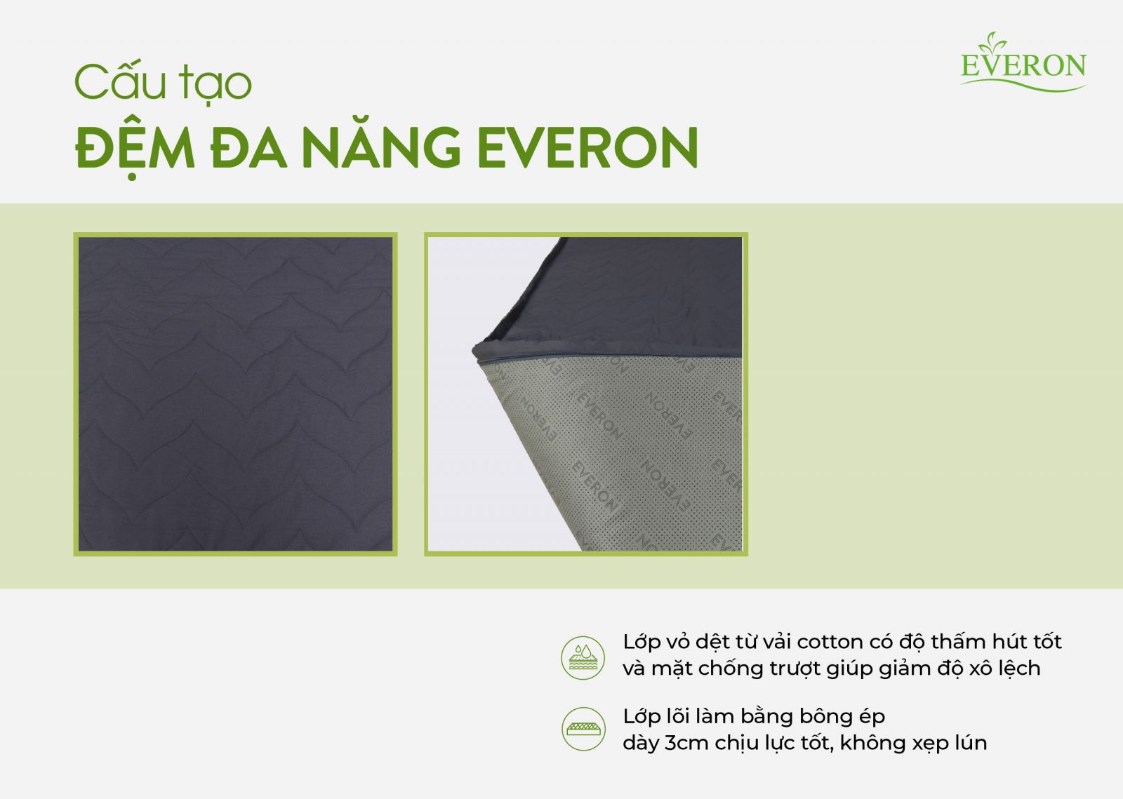 Mô tả Topper / Đệm đa năng thế hệ mới cao cấp Everon (Chống trượt, dày 3cm, có thể gấp gọn, giao màu ngẫu nhiên) - 3
