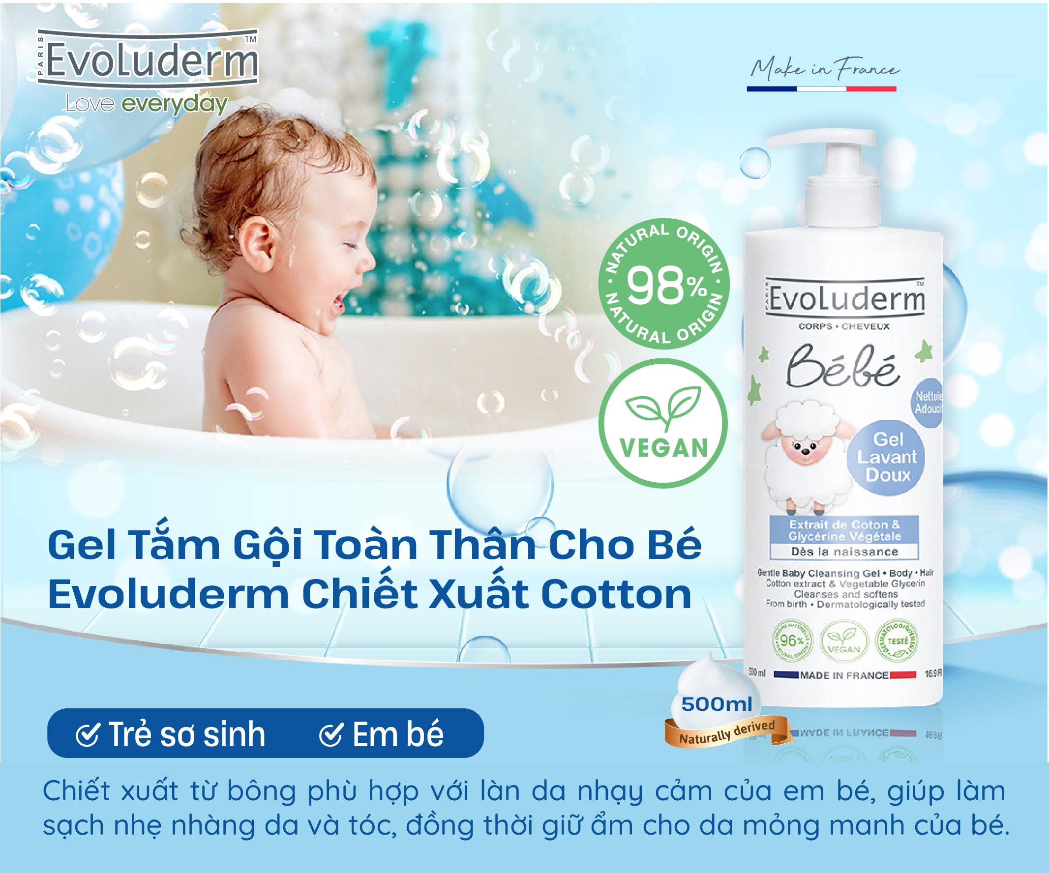 Mô tả Gel tắm gội làm sạch dưỡng ẩm toàn thân cho em bé Chính hãng Evoluderm 500ml (9135) - 1