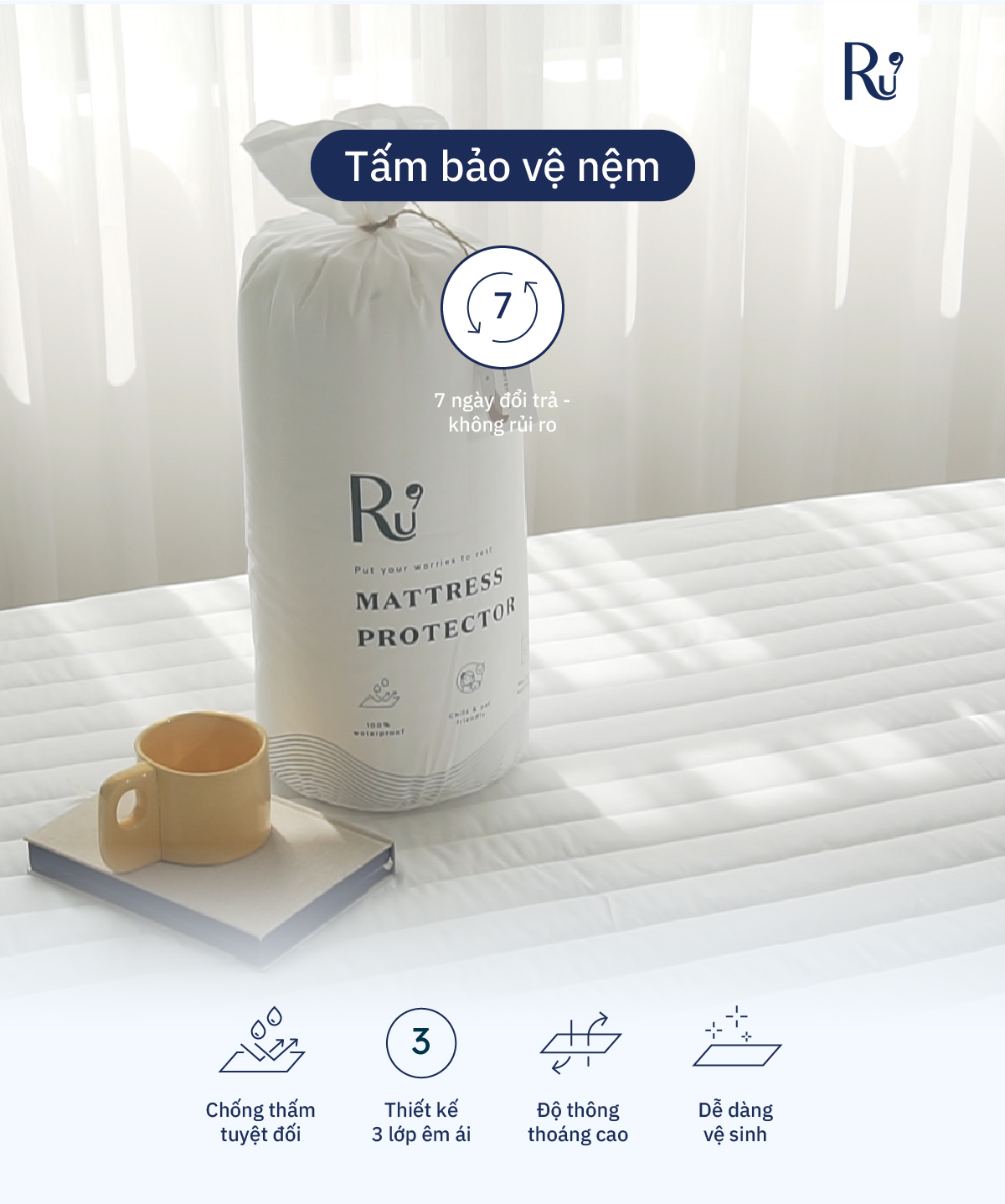 Mô tả Tấm Bảo Vệ Nệm (Mattress Protector) Ru9 Chống Thấm Tuyệt Đối, Thông Thoáng - Mềm Mại | 6 Kích Thước | Nhiều Màu Sắc - 1