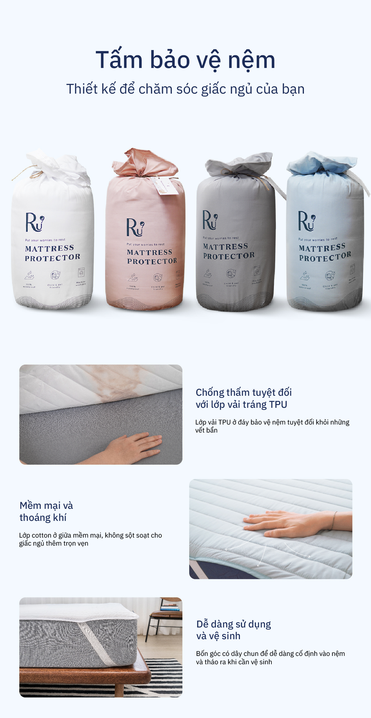Mô tả Tấm Bảo Vệ Nệm (Mattress Protector) Ru9 Chống Thấm Tuyệt Đối, Thông Thoáng - Mềm Mại | 6 Kích Thước | Nhiều Màu Sắc - 2
