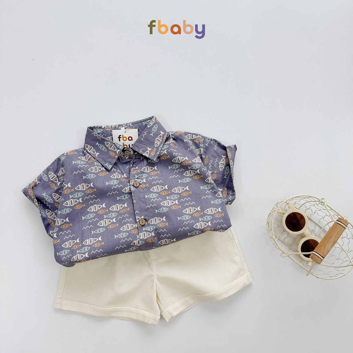 Mô tả Set bộ sơ mi cộc tay bé trai áo thô lụa họa tiết cổ đức quần linen Fbaby FB0224 - 1