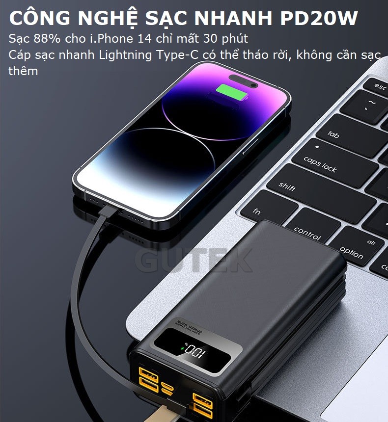 Mô tả Sạc dự phòng 50000mAh sạc nhanh 100W pin dung lượng lớn có dây cắm nhiều điện thoại - Gutek GT205 - 1