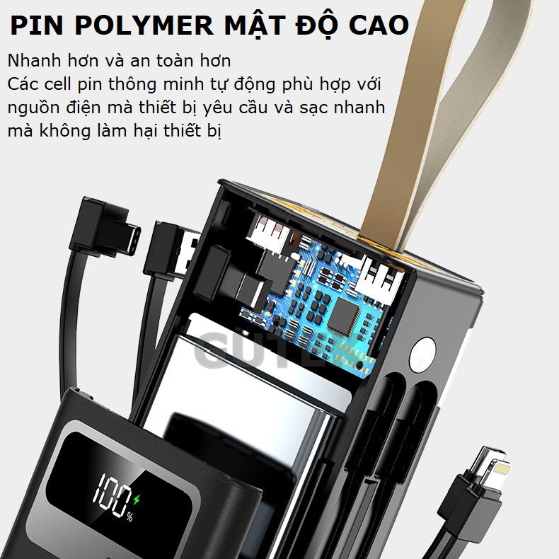Mô tả Sạc dự phòng 50000mAh sạc nhanh 100W pin dung lượng lớn có dây cắm nhiều điện thoại - Gutek GT205 - 3
