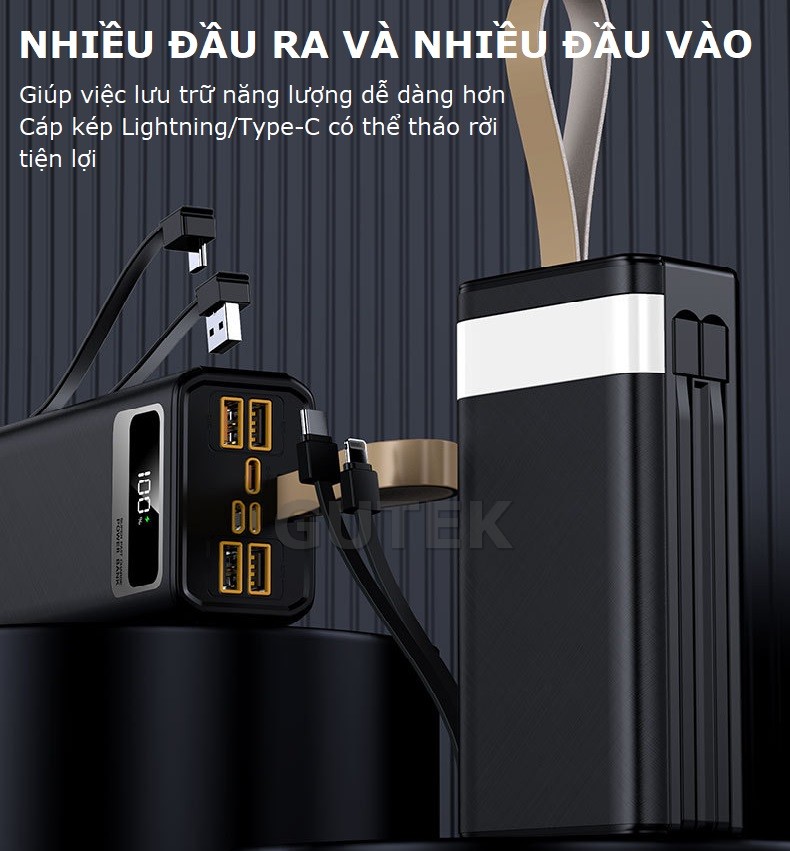 Mô tả Sạc dự phòng 50000mAh sạc nhanh 100W pin dung lượng lớn có dây cắm nhiều điện thoại - Gutek GT205 - 4