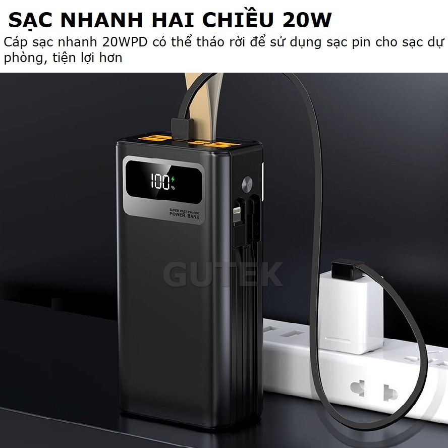 Mô tả Sạc dự phòng 50000mAh sạc nhanh 100W pin dung lượng lớn có dây cắm nhiều điện thoại - Gutek GT205 - 5