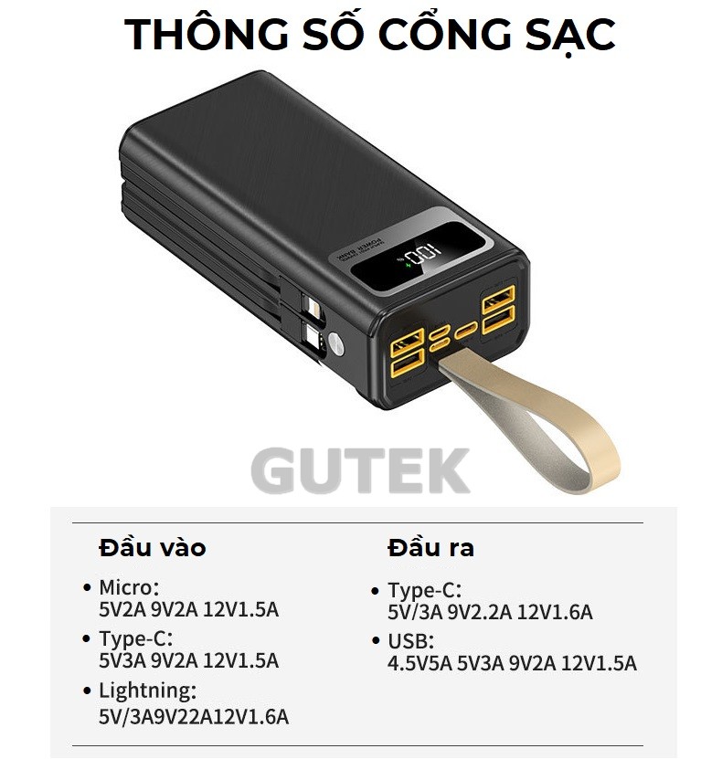 Mô tả Sạc dự phòng 50000mAh sạc nhanh 100W pin dung lượng lớn có dây cắm nhiều điện thoại - Gutek GT205 - 8